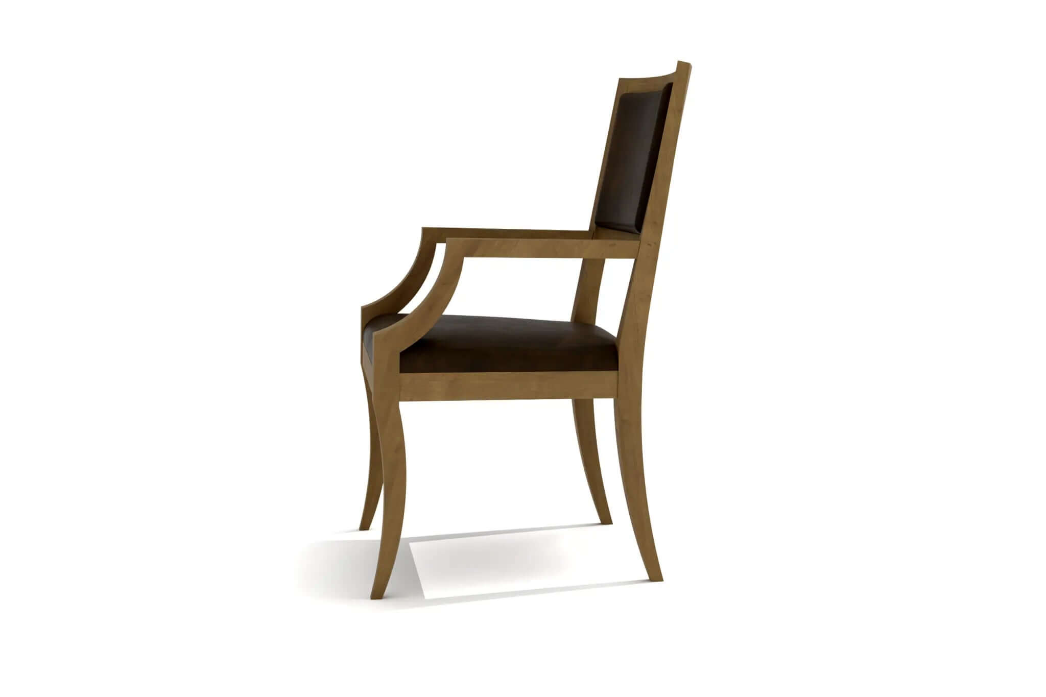 Jody Dining Chair in wooden frame with curved armrests and leather upholstered seat and backrest, modern classic design.