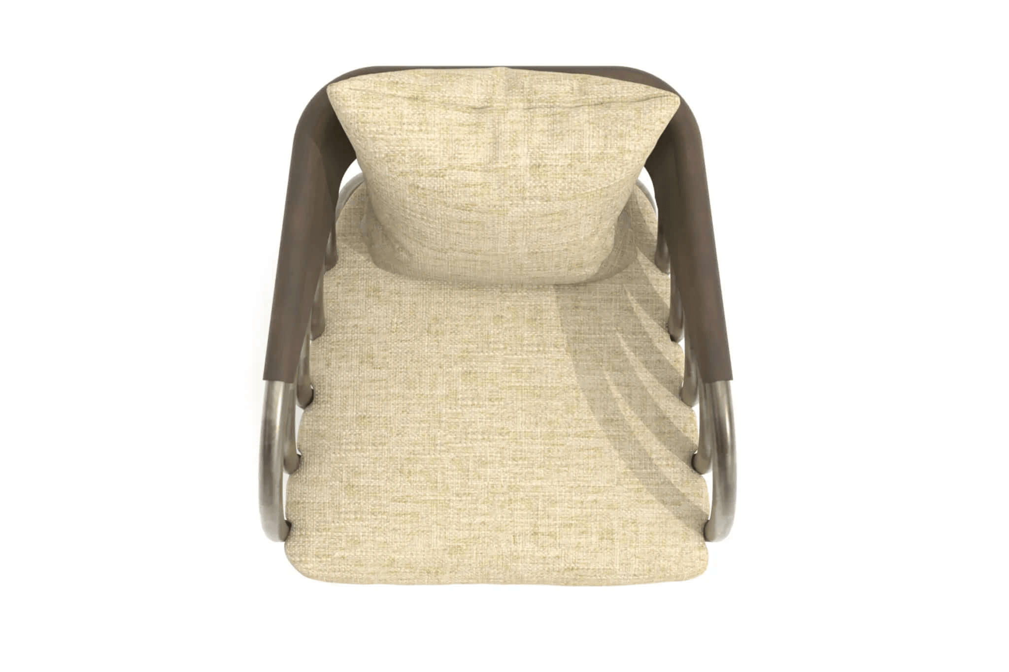 3D CAD design of Juntos Lounge Chair with burnished brass frame and walnut accents