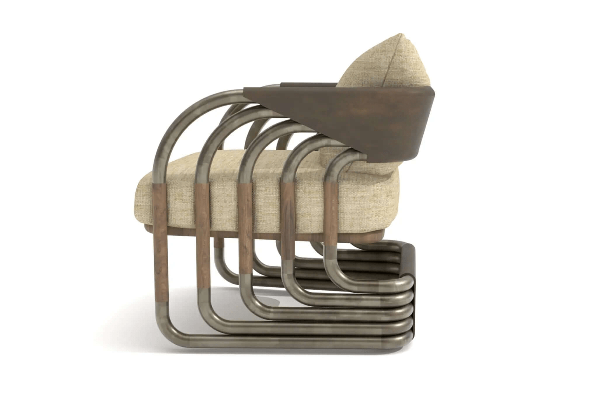 Juntos Lounge Chair 3D CAD design with burnished brass frame, walnut accents, leather wraps, and linen cushions