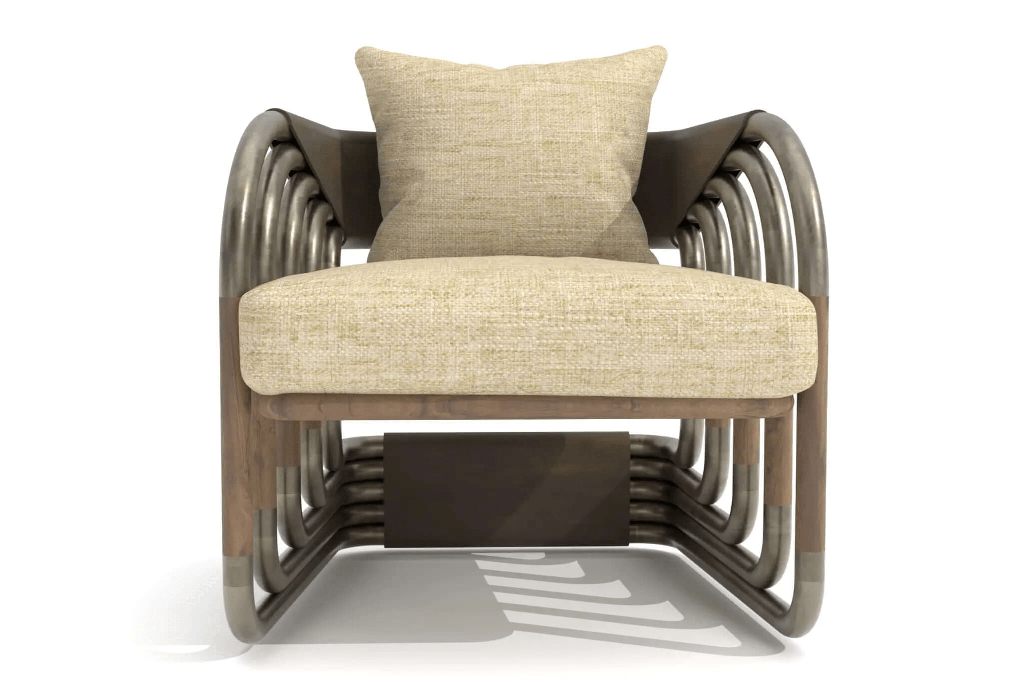 3D CAD design of Juntos Lounge Chair with walnut and brass frame, leather accents, and linen cushions