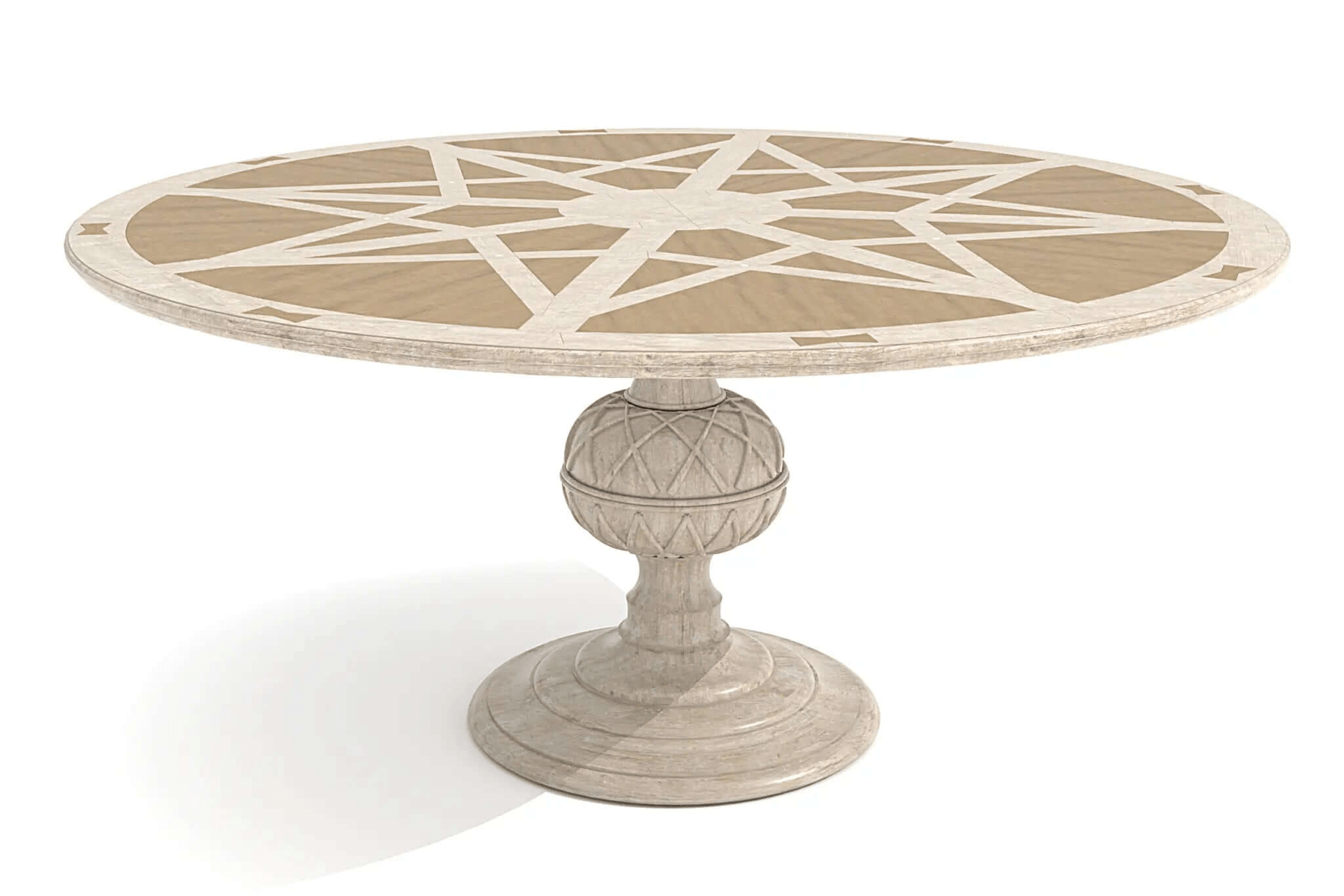 Kalmar dining table with round rustic oak and cherry starburst top and carved pedestal base in 3D CAD design