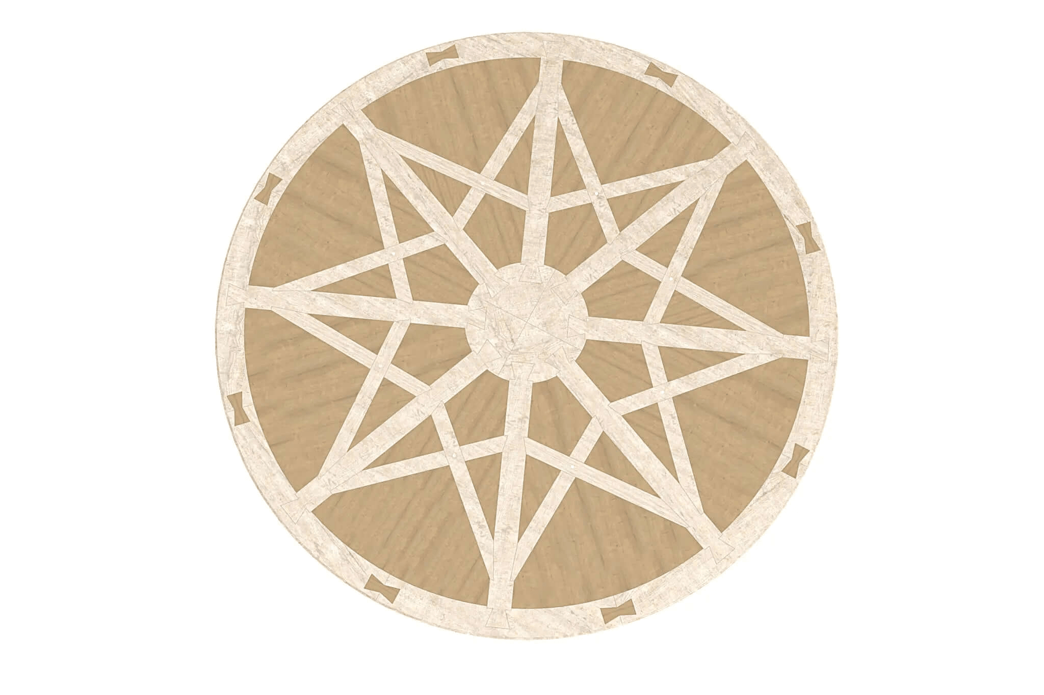 Kalmar Dining Table round rustic oak cherry starburst motif with carved pedestal base 3D CAD design