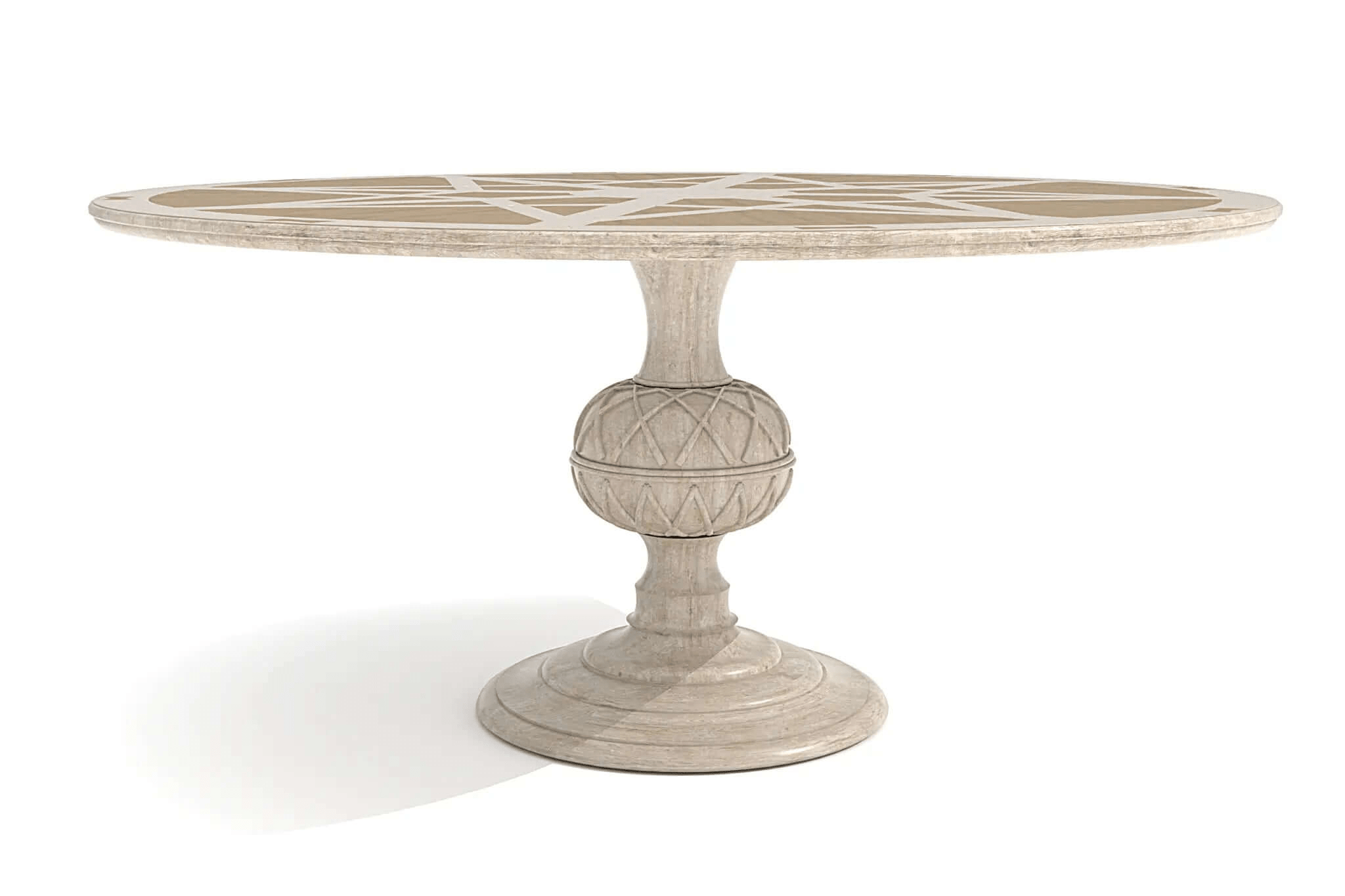 Kalmar Dining Table 3D CAD design with rustic oak and cherry starburst tabletop and carved pedestal base
