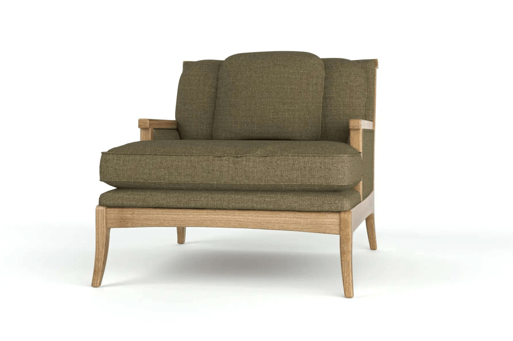 3D CAD rendering of Katiee Chaise Lounge made of solid oak with plush cushions and curved sleek design