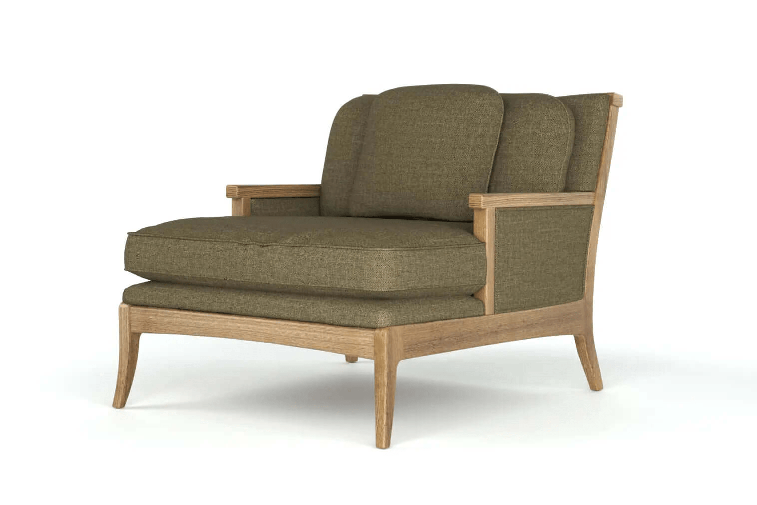 3D CAD design of Katiee Chaise Lounge in solid oak with plush cushions and elegant curved silhouette