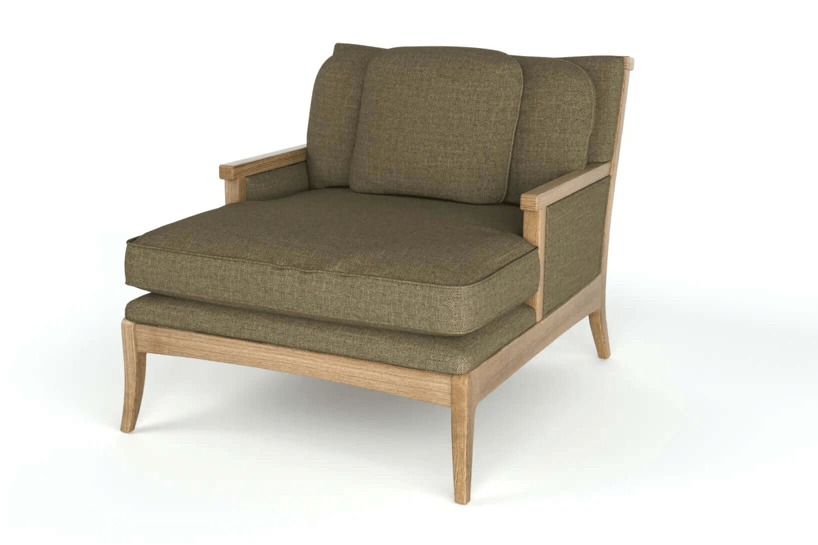 3D CAD design of Katiee Chaise Lounge in solid oak with plush cushions and sleek curved frame
