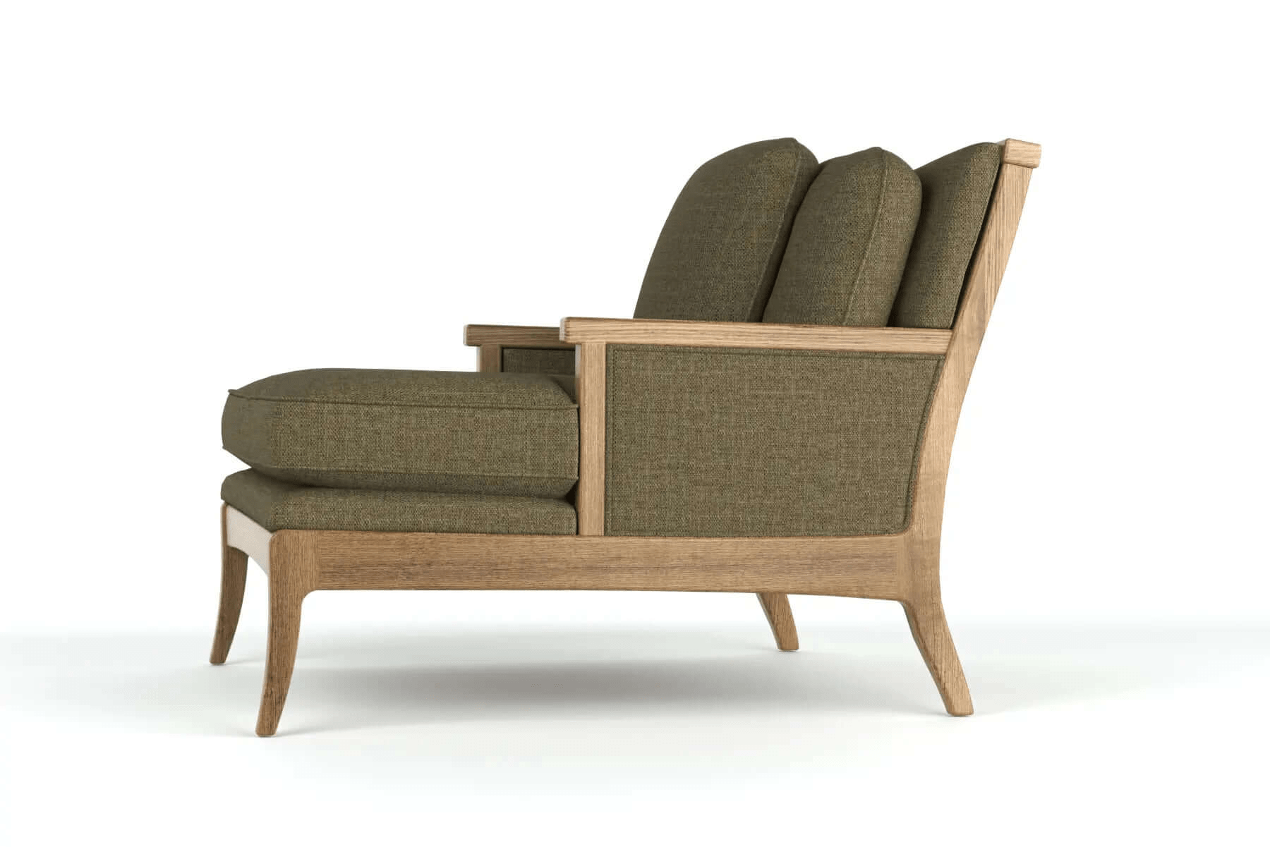 3D CAD rendering of Katiee Chaise Lounge in solid oak with plush cushions and sleek curved design