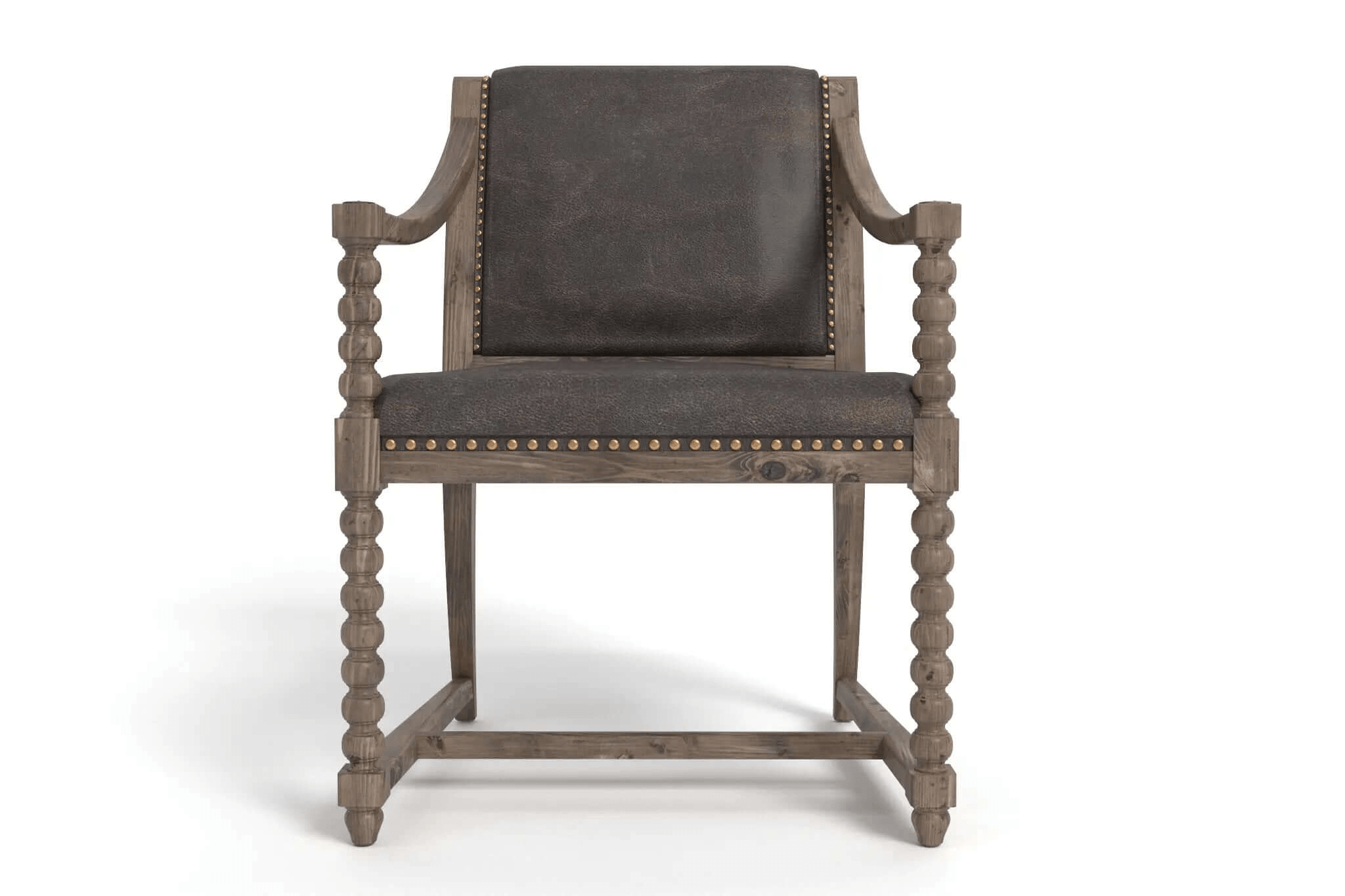 3D CAD model of Lagos Arm Chair with solid wood frame, curved backrest, dark distressed leather upholstery, and brass nailhead trim