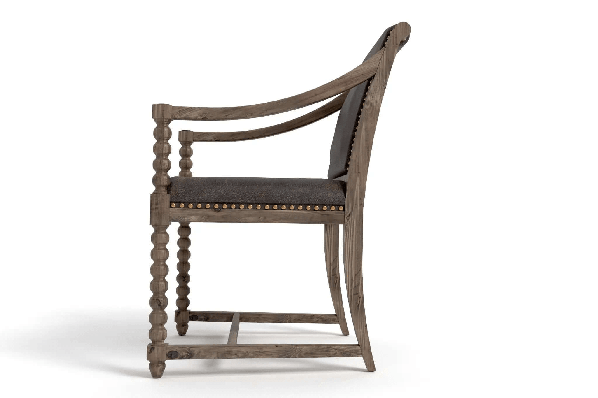 3D CAD design of Lagos Arm Chair with turned legs, curved backrest, dark upholstered seat, and antique brass nailhead trim