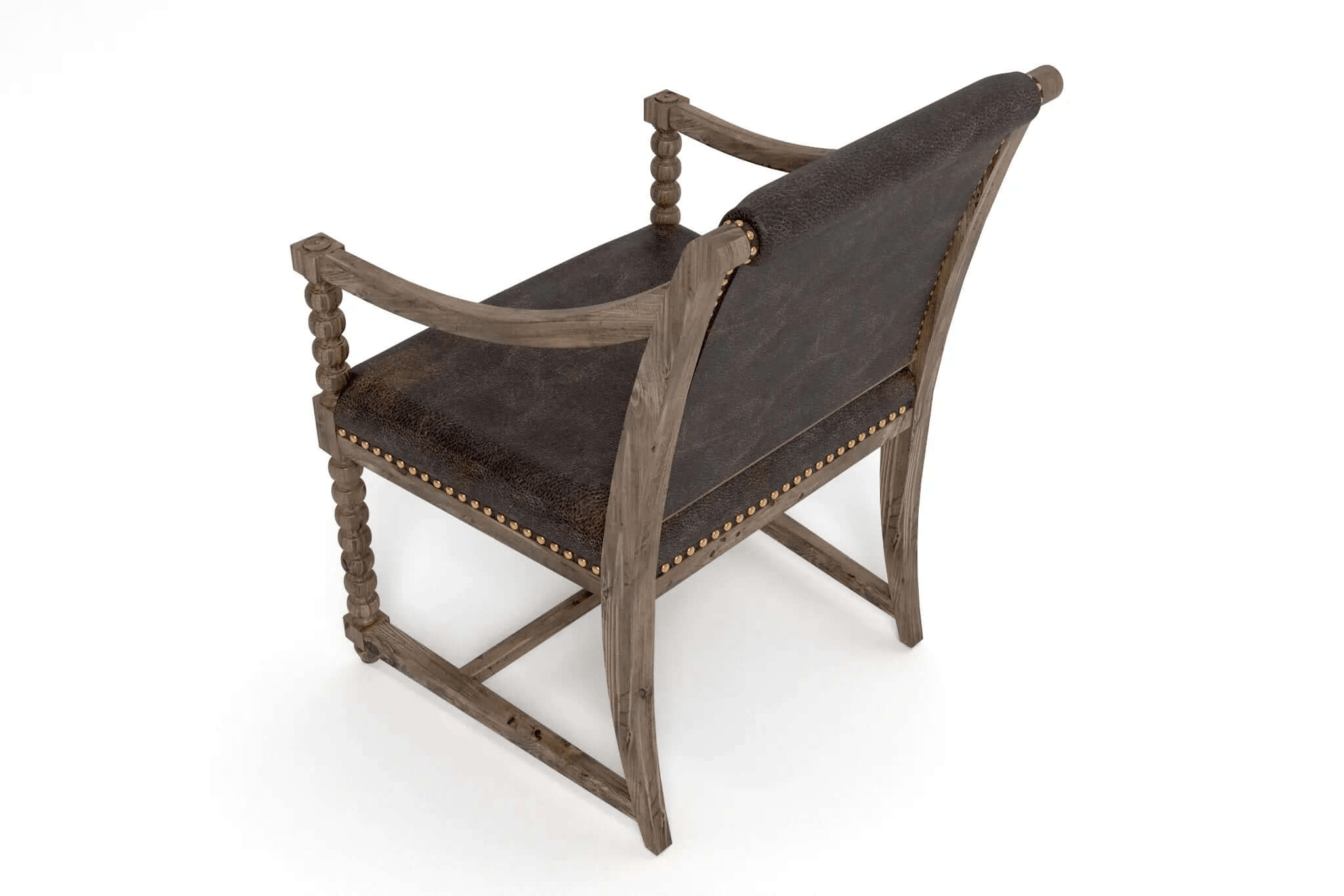 3D CAD rendering of Lagos Arm Chair with solid wood frame, weathered finish, dark textured upholstery, and antique brass nailhead trim