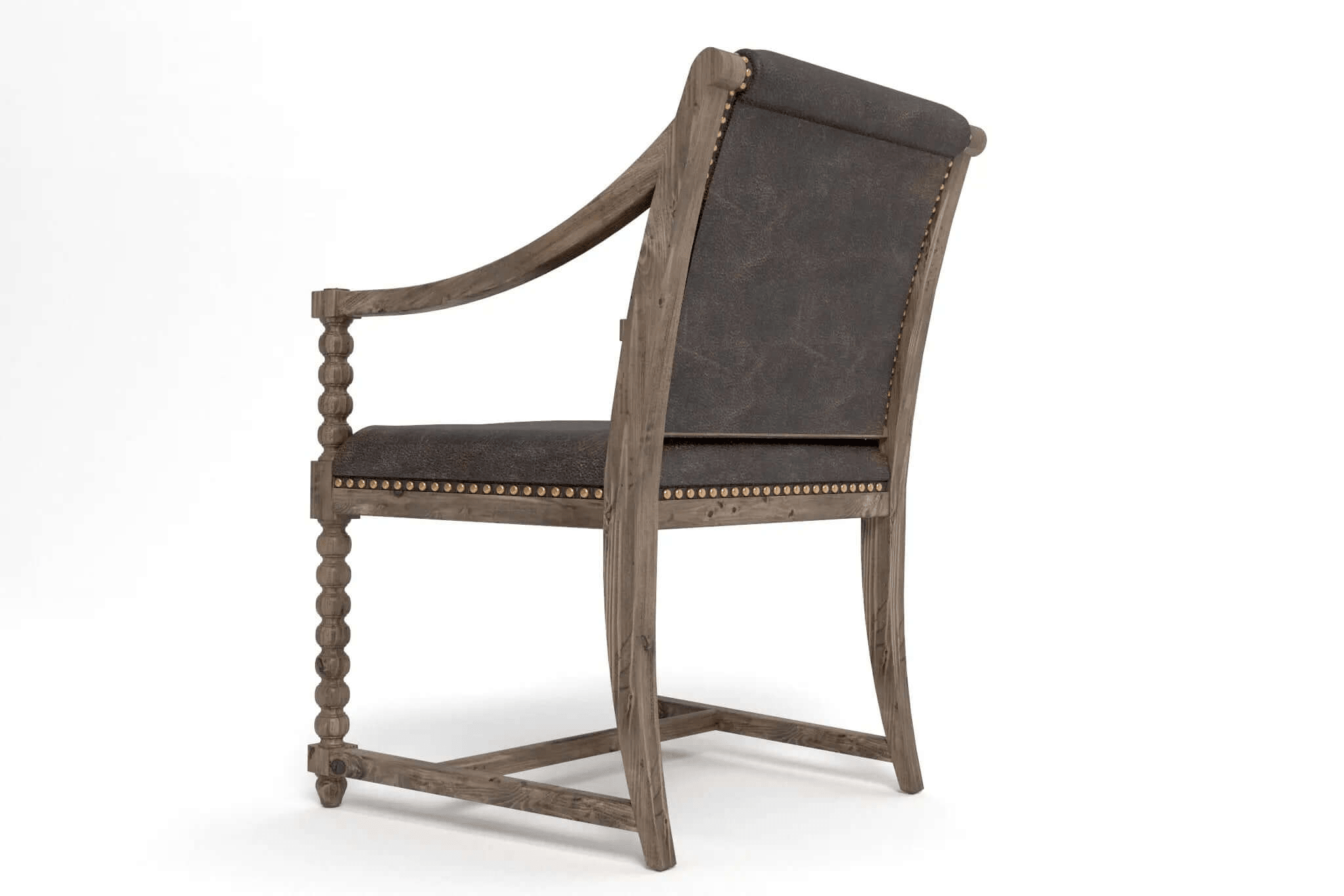 3D CAD model of Lagos Arm Chair with rustic wood and dark upholstered seat