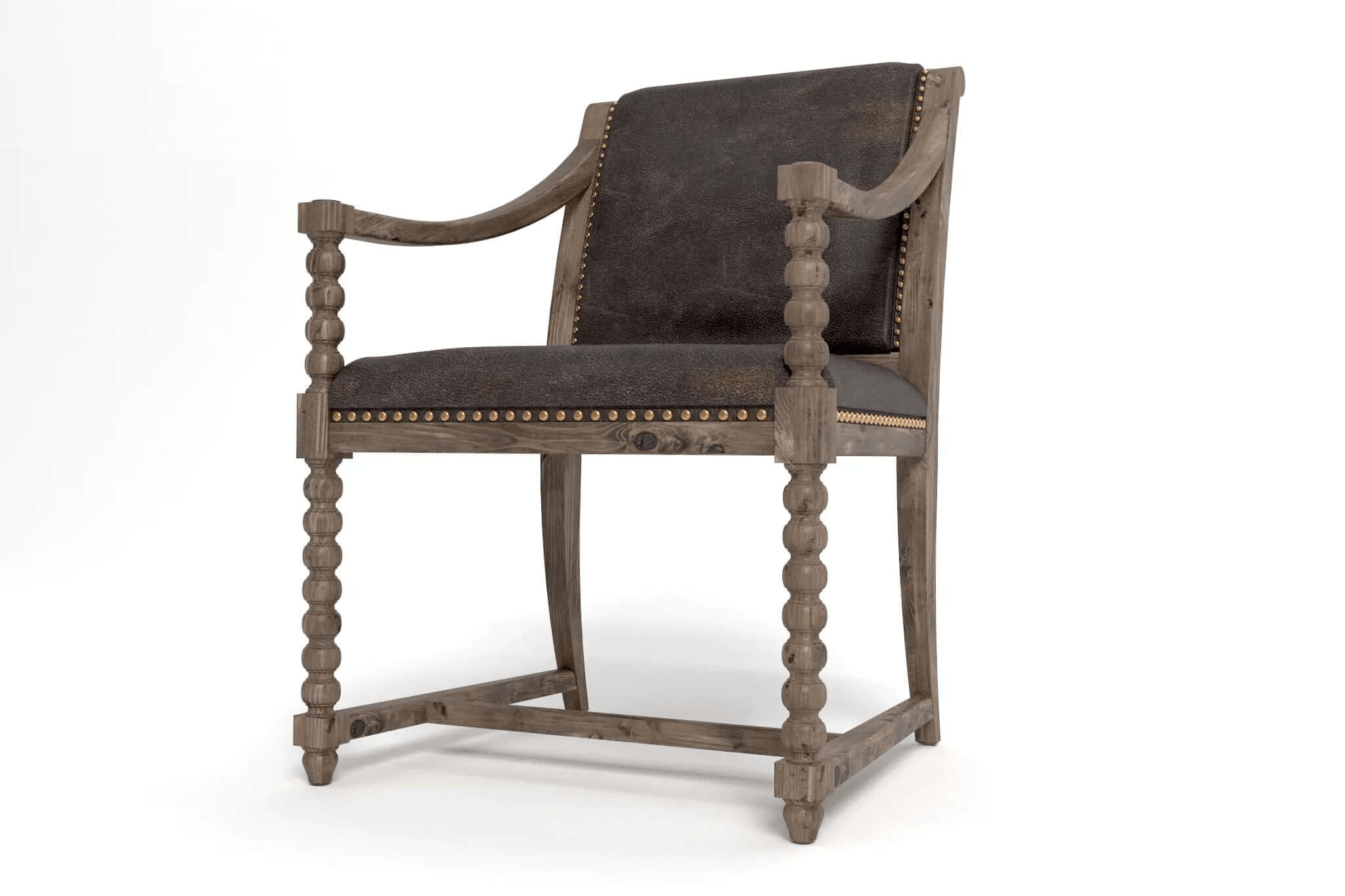 3D CAD rendering of Lagos Arm Chair with solid wood frame, dark textured fabric upholstery, curved backrest, and antique brass nailhead trim