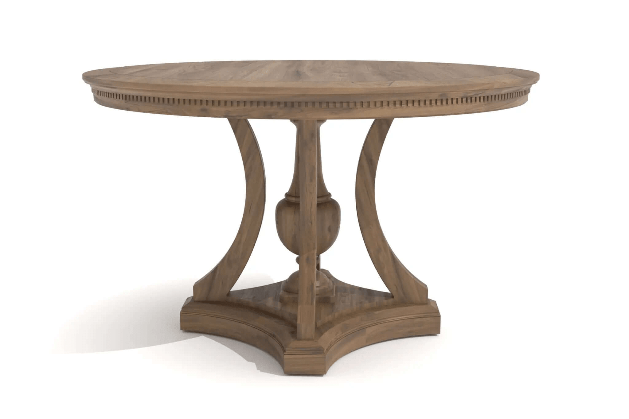 3D CAD rendering of Lea Dining Table with round wooden top and sculptural urn-shaped base