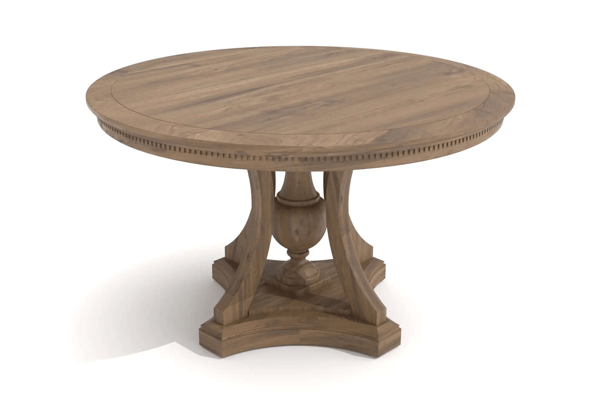 3D CAD rendering of Lea Dining Table with round wood top and sculptural base in warm finish