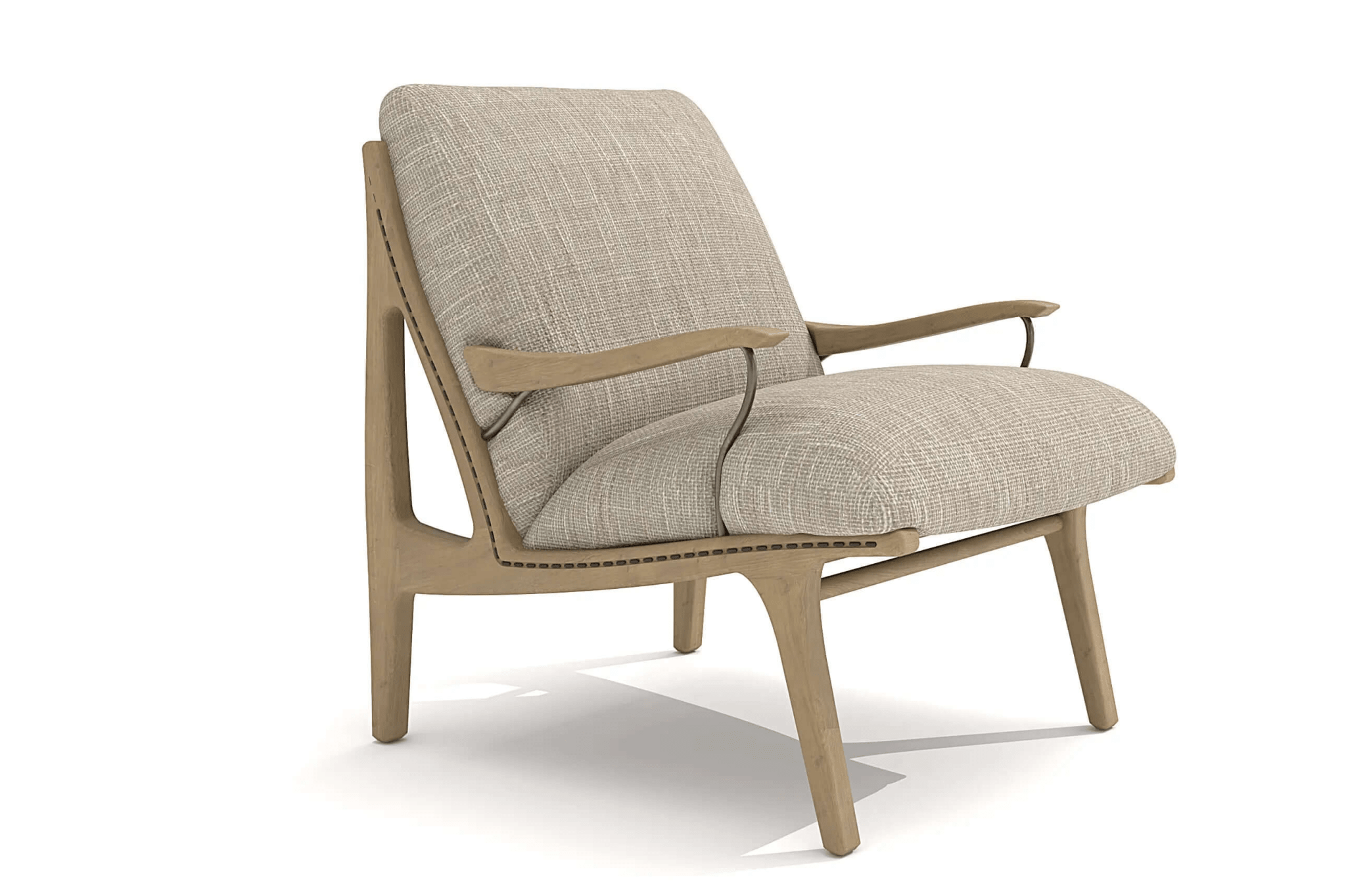 3D CAD model of Lennon Lounge Chair with solid oak frame, textured neutral upholstery, and metal accents in Mid-Century Modern style