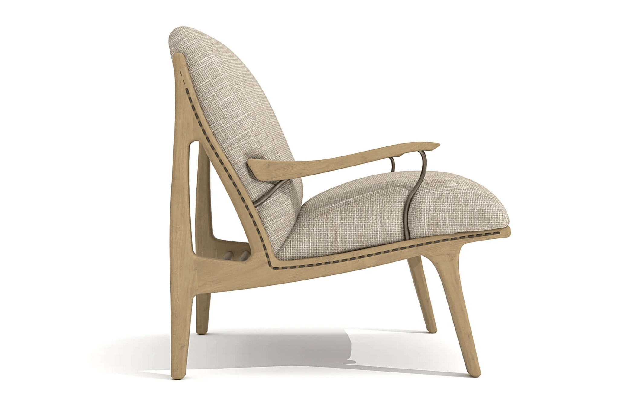 3D CAD model of Lennon Lounge Chair with solid oak frame and neutral fabric upholstery in mid-century modern style