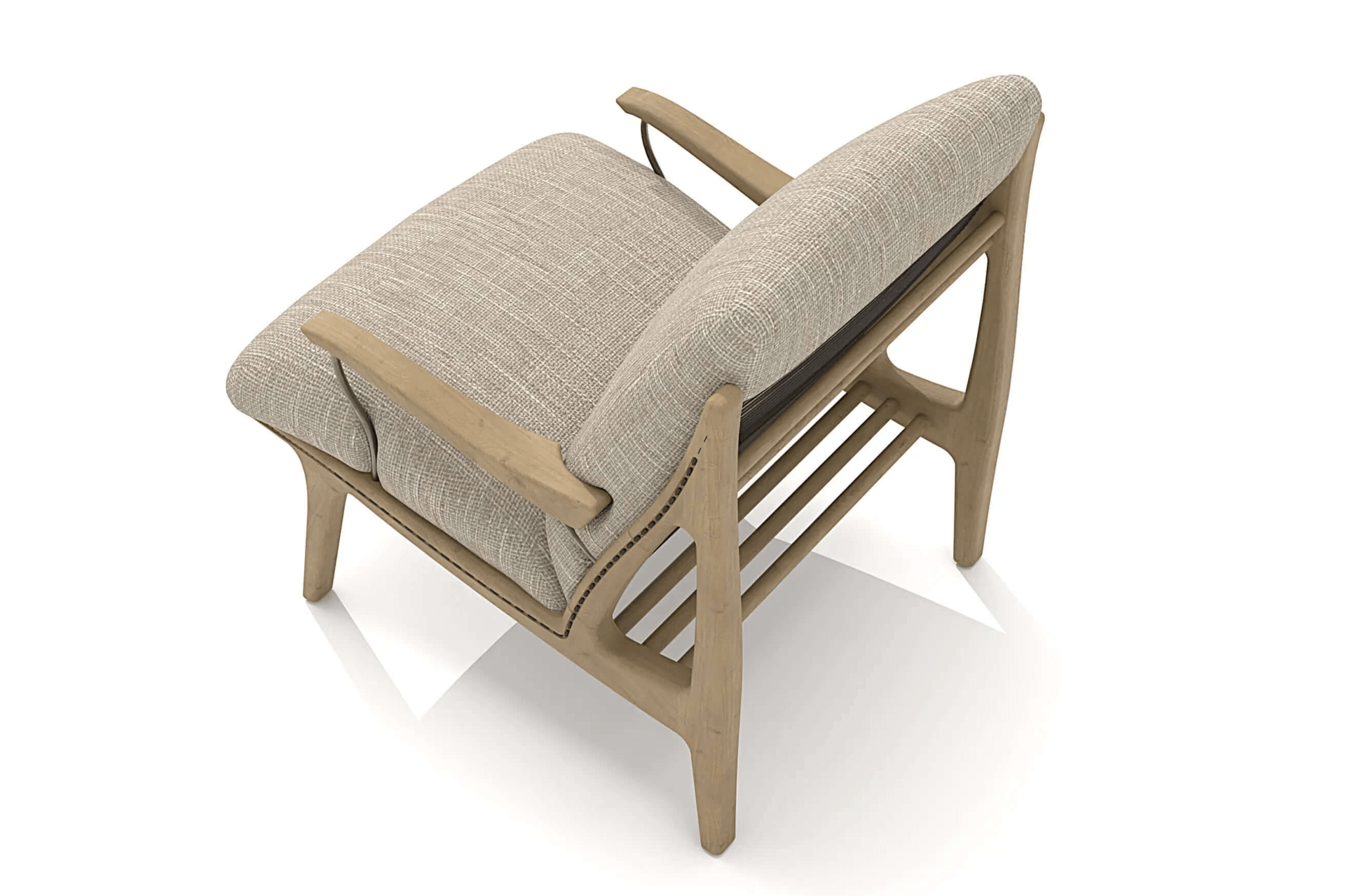 3D CAD model of Lennon Lounge Chair with solid oak frame, textured neutral fabric upholstery, and metal accents in Mid-Century Modern style