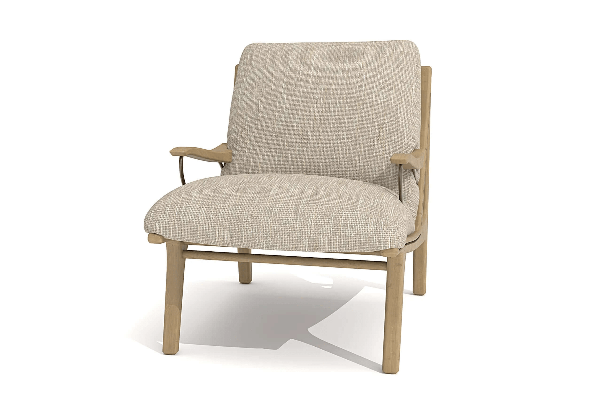 3D CAD model of Lennon Lounge Chair with solid oak frame, textured neutral fabric upholstery, and metal accents in Mid-Century Modern design