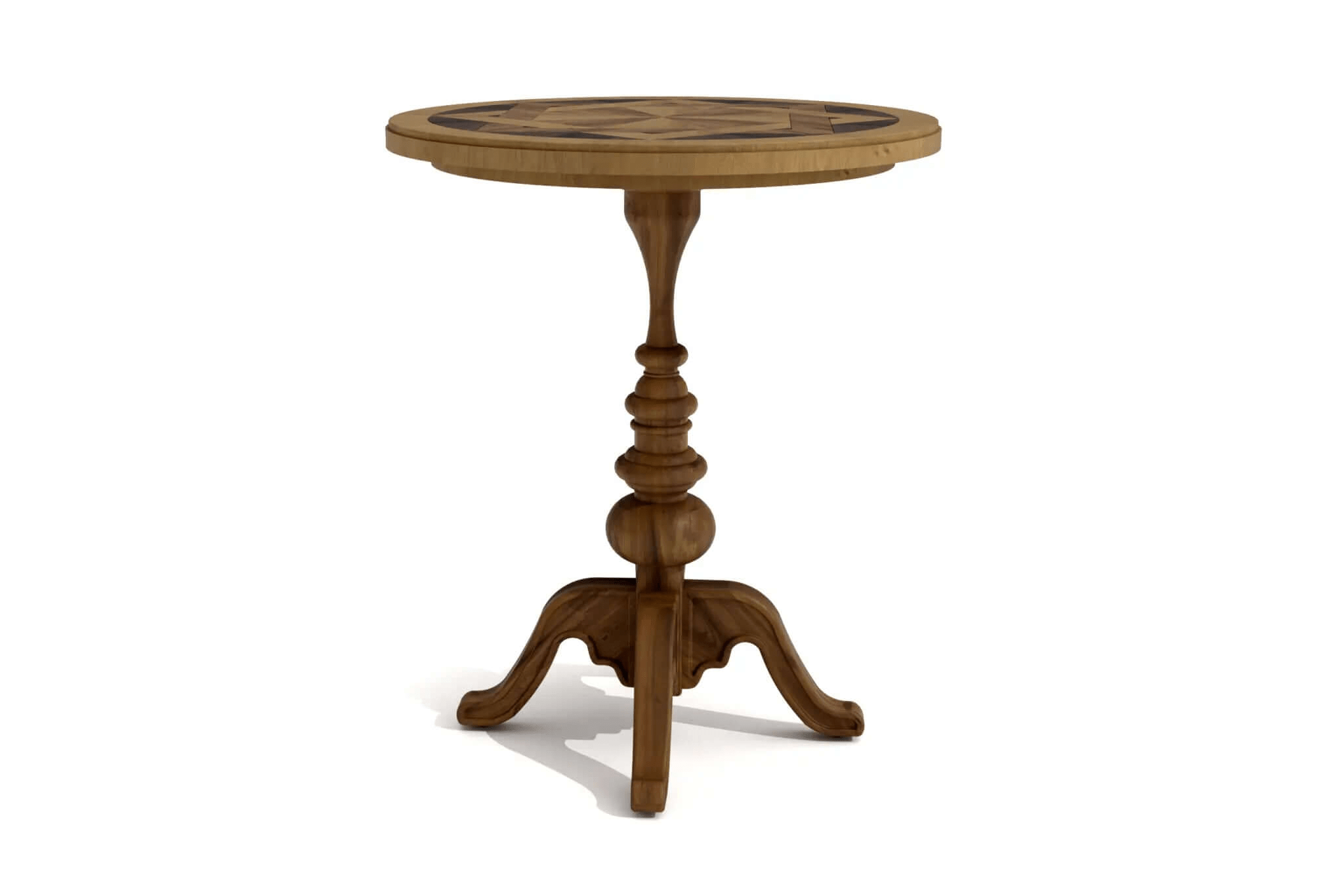 3D CAD rendering of LePre Chairside Table with intricate wood marquetry and turned pedestal base