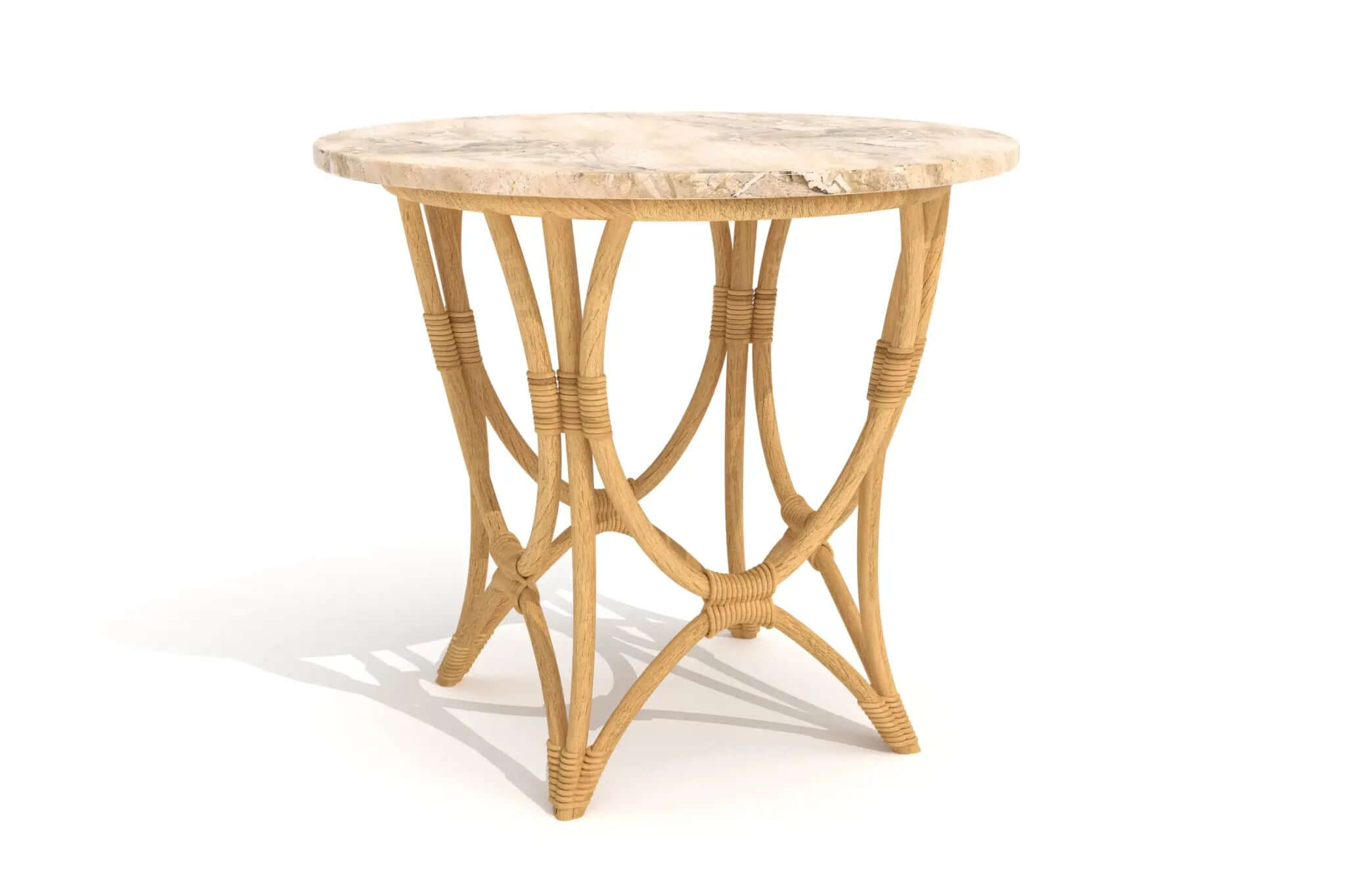 Lilly Rattan Side Table with round top and woven rattan frame in natural finish