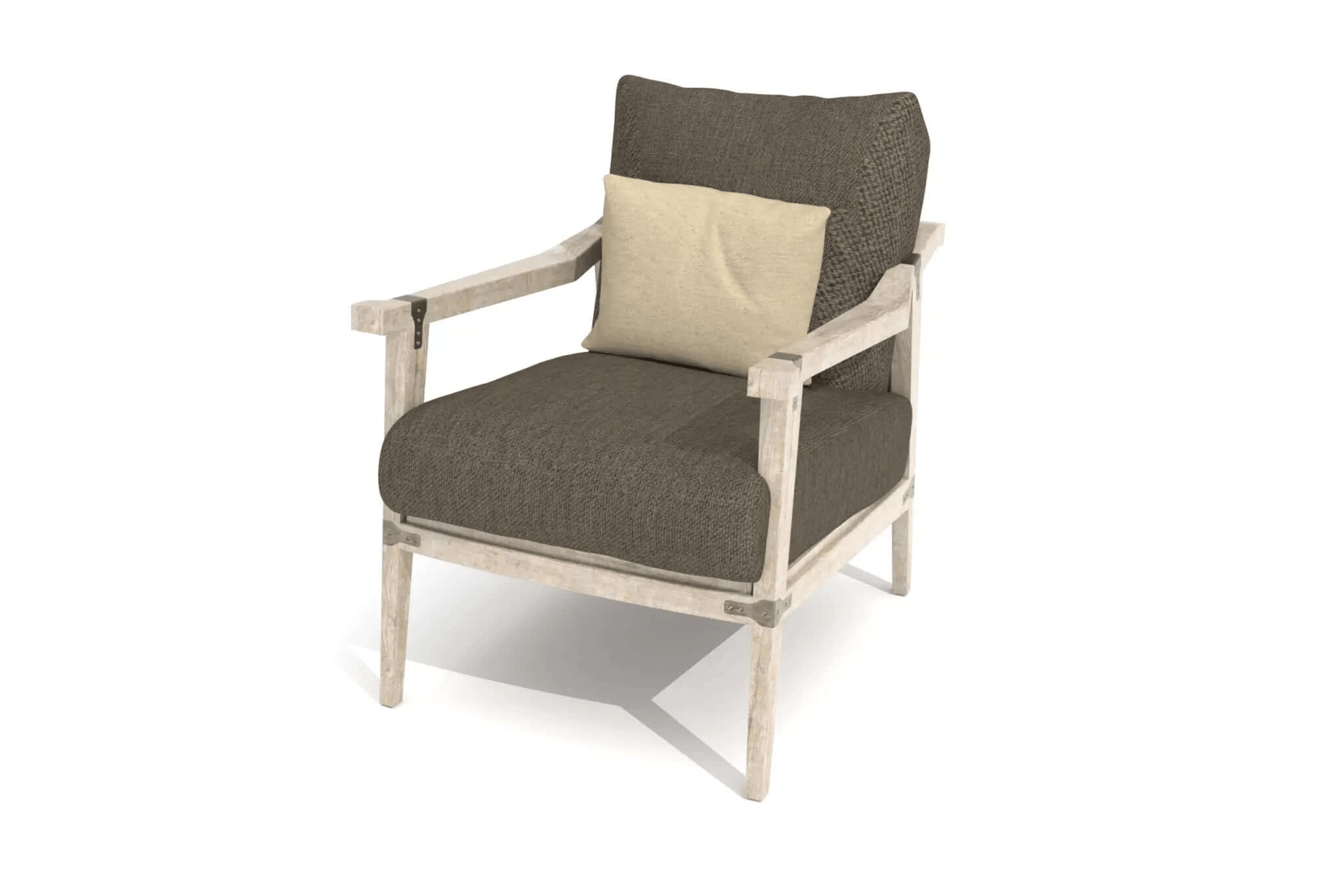 3D CAD design of Lucerne Lounge Chair with distressed wooden frame, metal accents, and cozy cushions