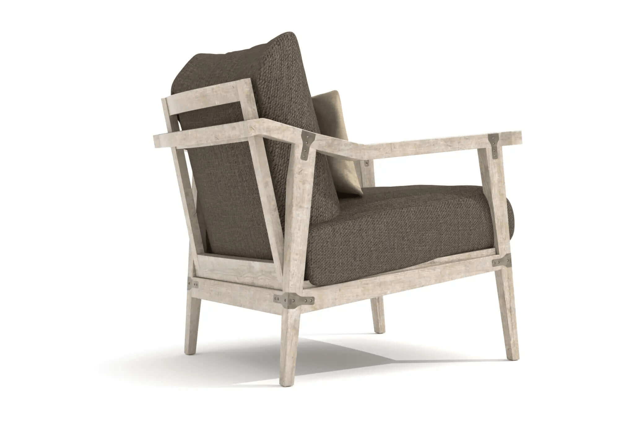 3D CAD design of Lucerne Lounge Chair with distressed wood frame, metal accents, and cozy woven cushions