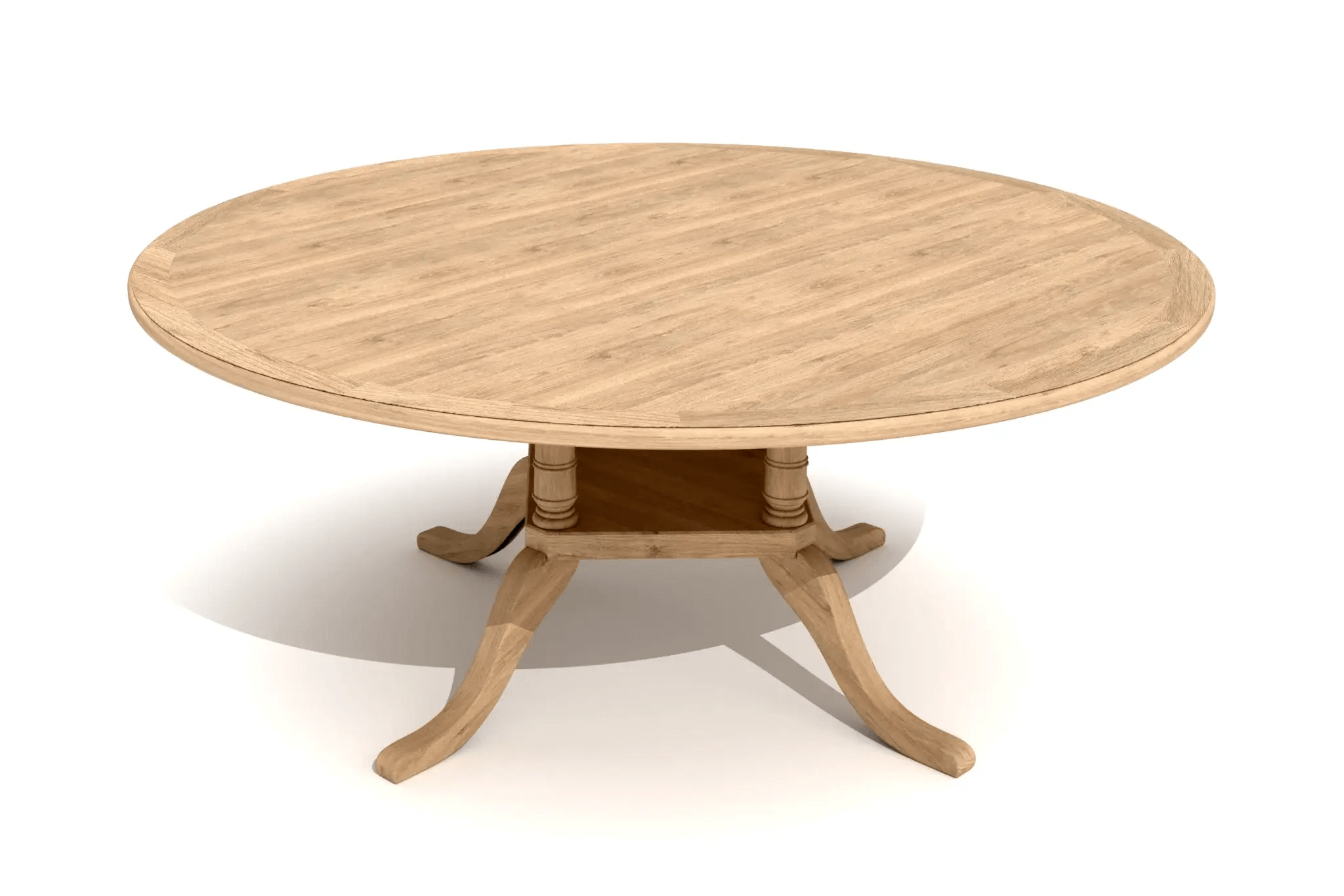 3D CAD rendering of the Madigan Dining Table with solid oak, rounded top, turned columns, and center shelf