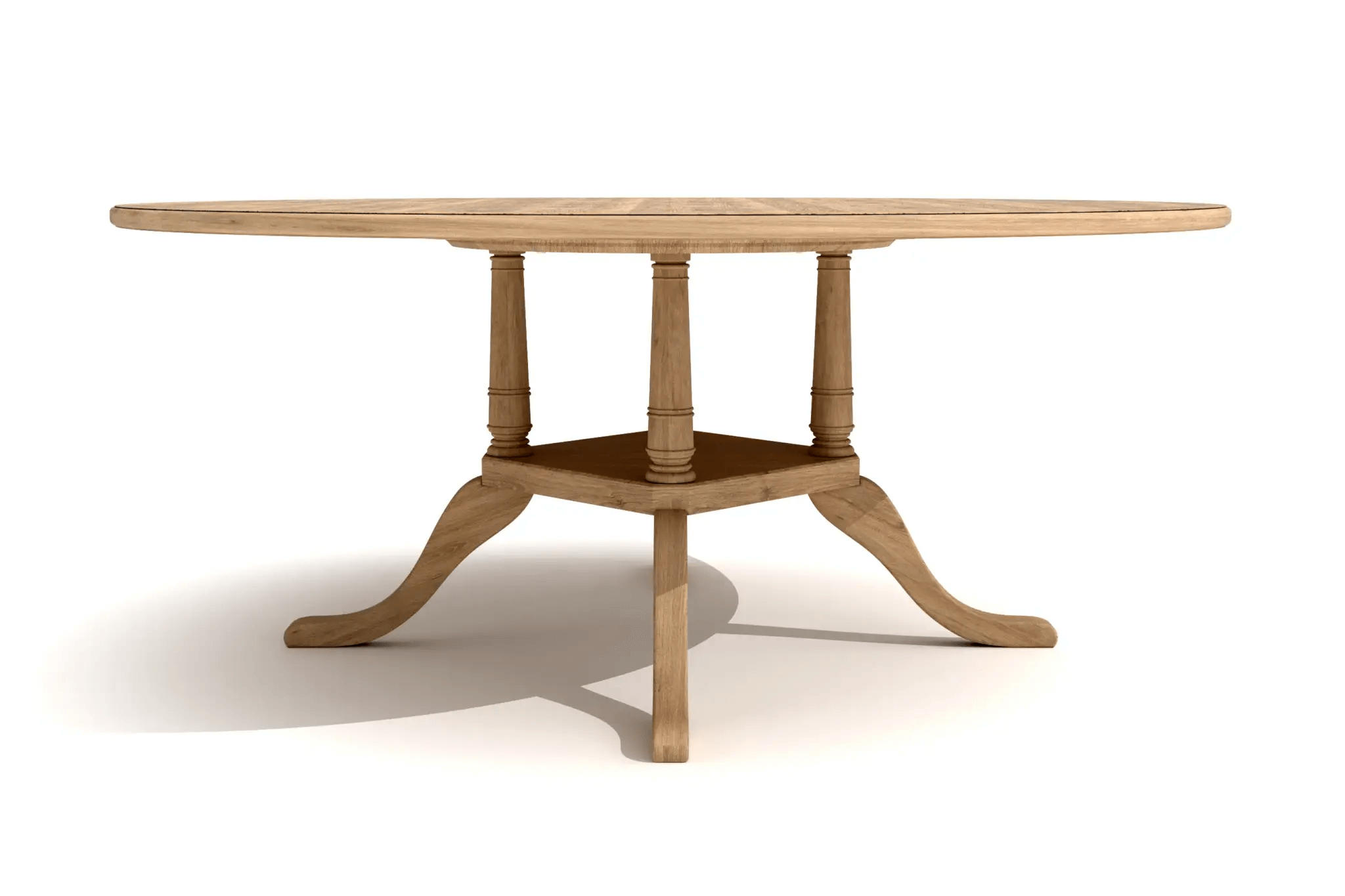 3D CAD rendering of Madigan Dining Table with rounded oak top and turned legs