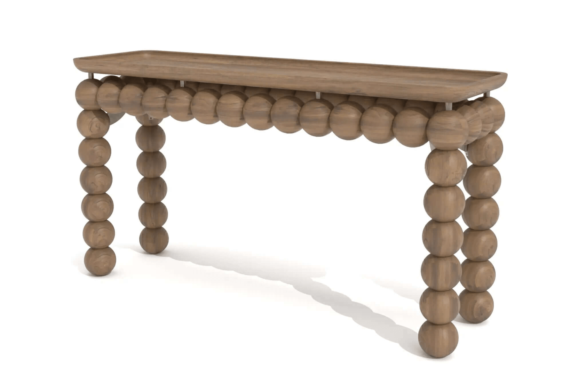 3D CAD rendering of Magaritari Console Table with sphere-shaped legs and warm wood top