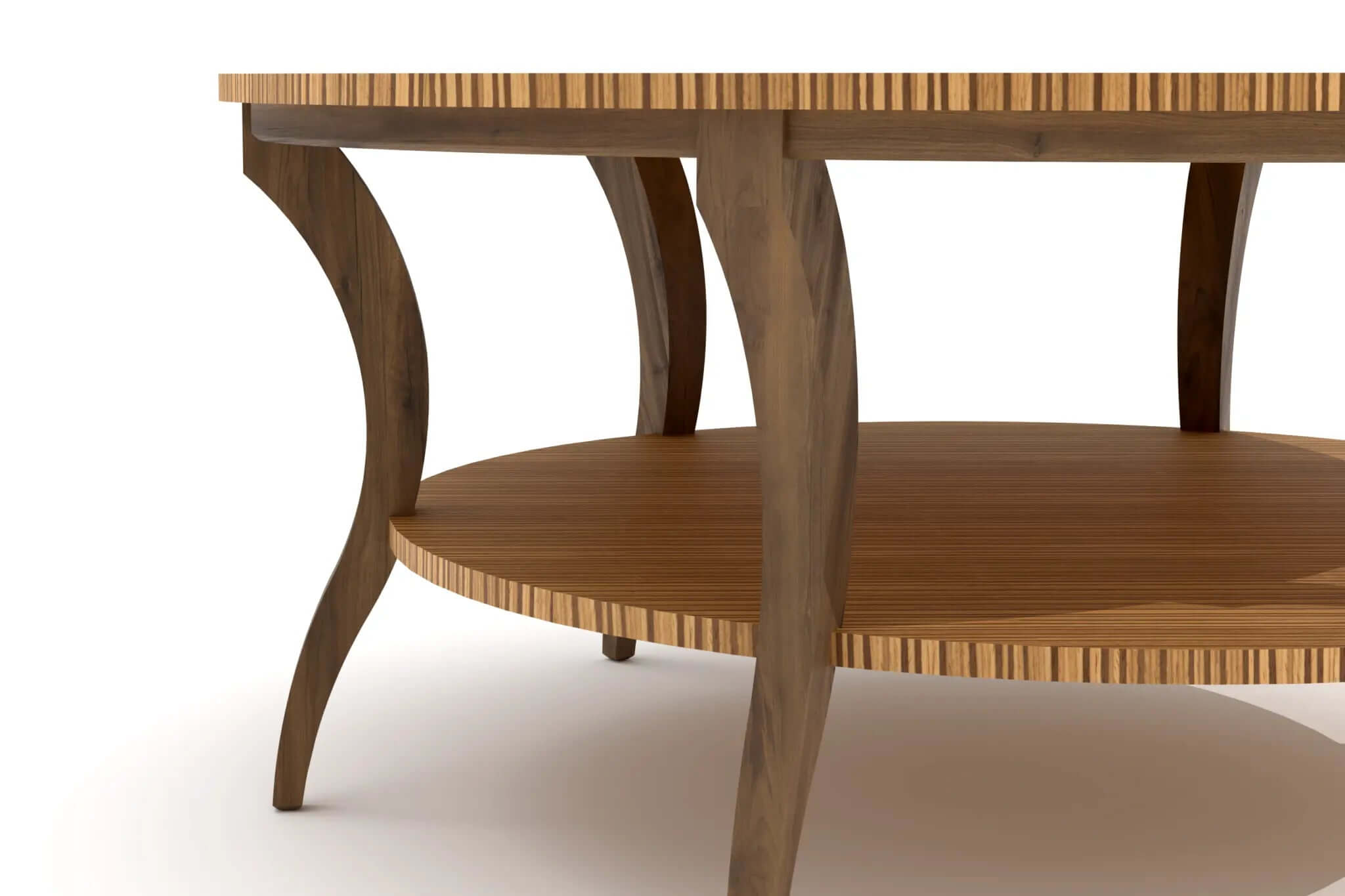 Marcy Coffee Table 3D CAD showcasing circular Zebrano veneer top and walnut curved legs