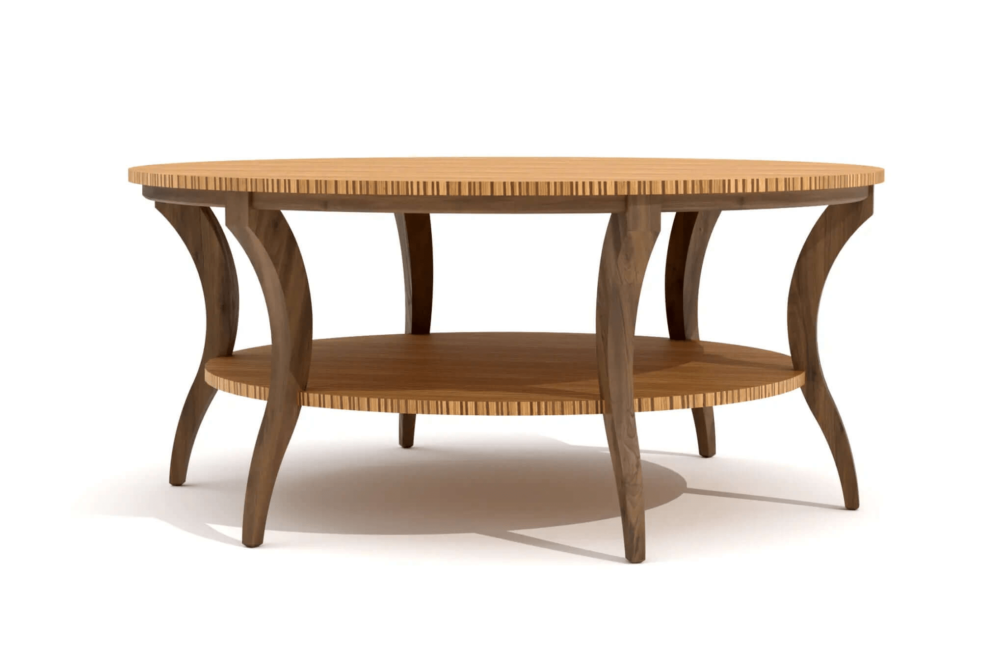 Marcy Coffee Table 3D CAD rendering with Zebrano veneer top and walnut curved legs