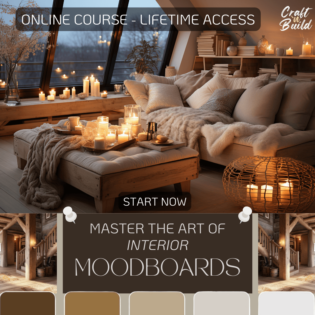 Mastering Moodboards for Interior Design online course image featuring cozy living area with candles and moodboard colors.