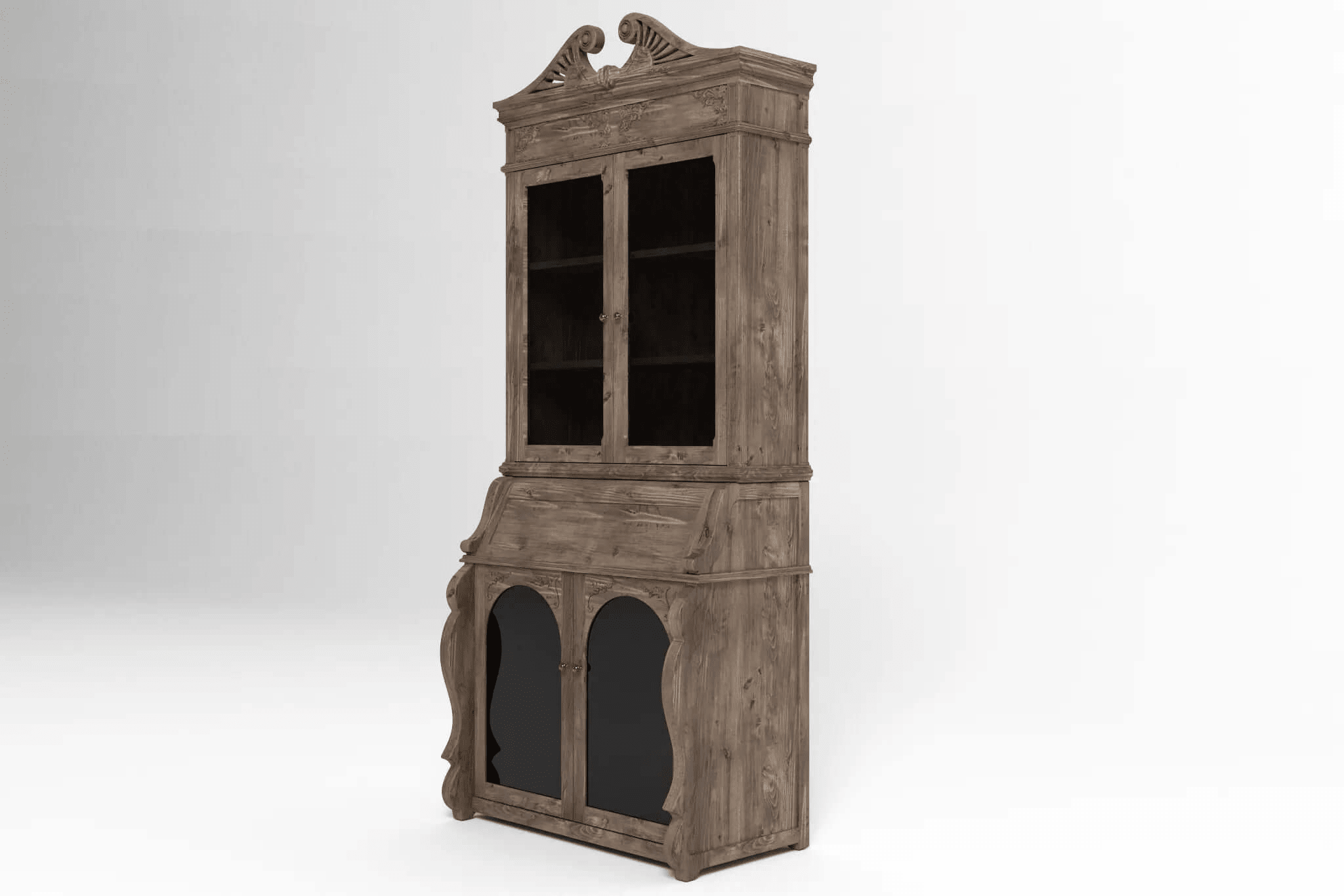3D CAD rendering of Murrieta Bar Cabinet with ornate carvings and glass doors