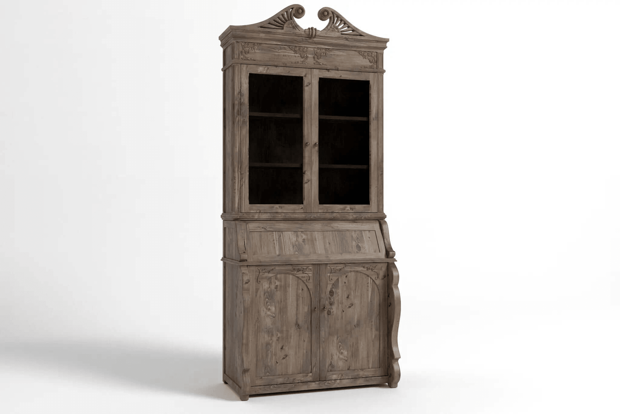 3D CAD rendering of Murrieta Bar Cabinet with ornate carvings, glass doors, and fold-down workspace