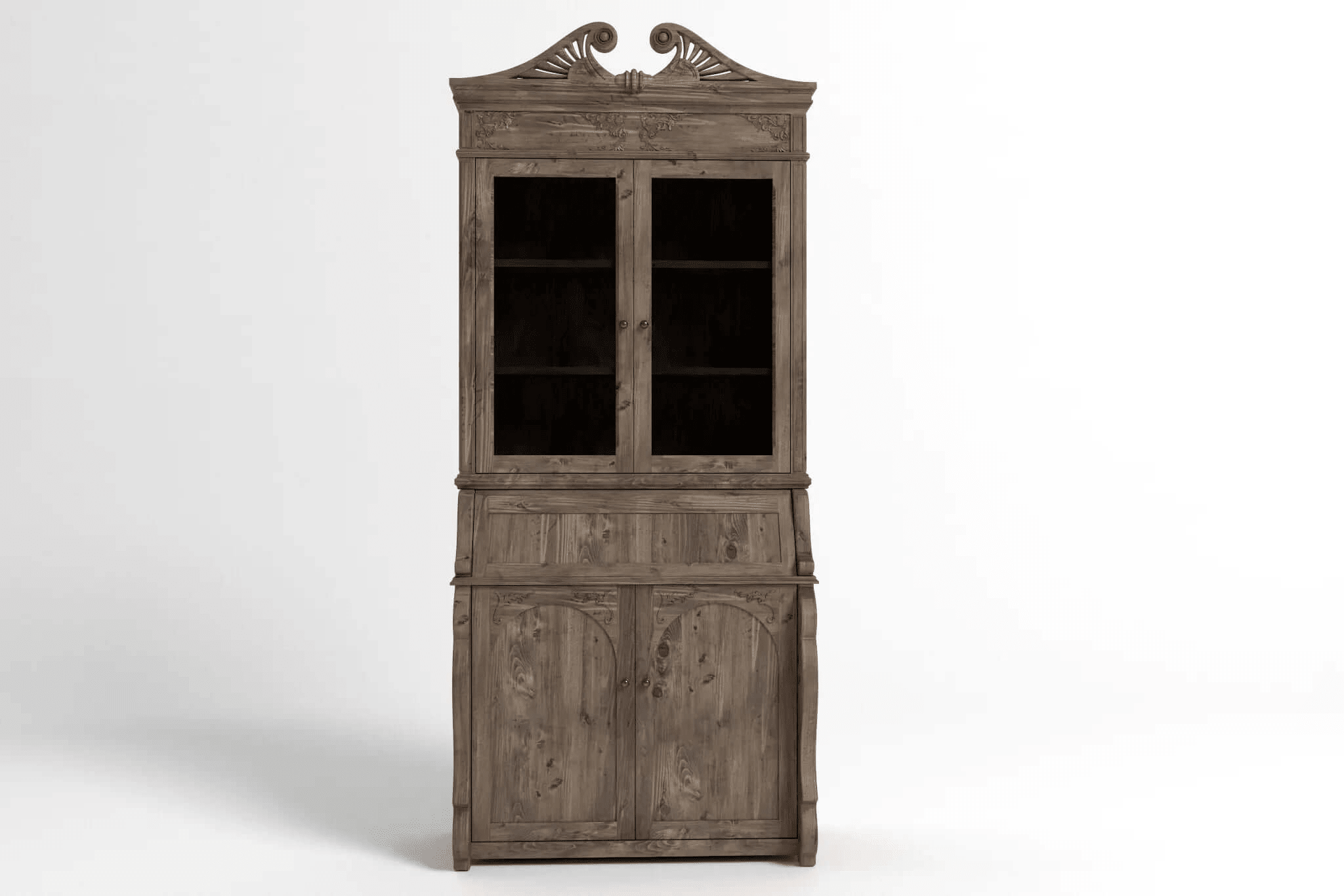 Murrieta Bar Cabinet 3D CAD rendering showing traditional wood design with ornate carvings and glass doors