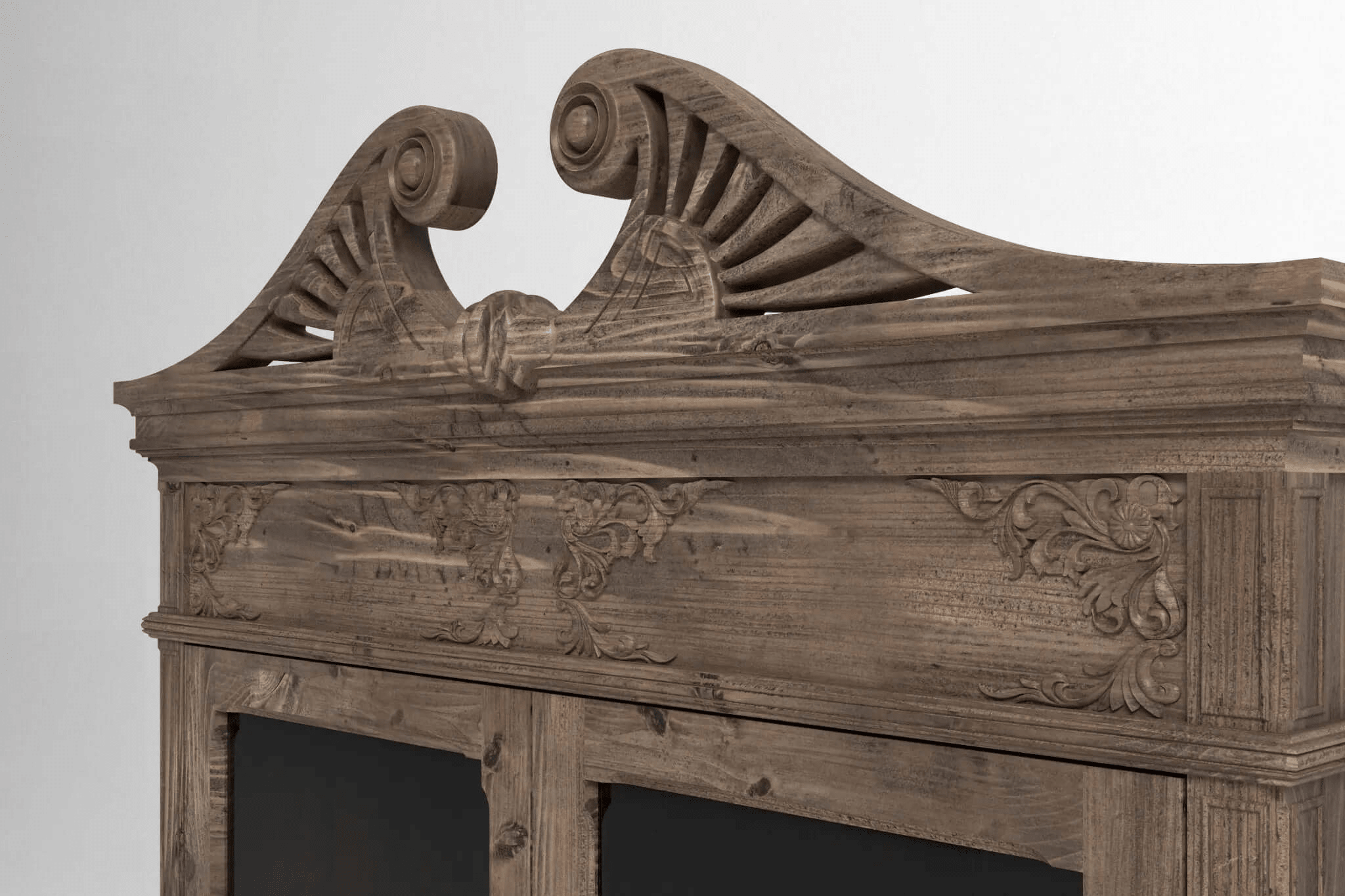 3D CAD rendering of the Murrieta Bar Cabinet with ornate carvings and glass doors