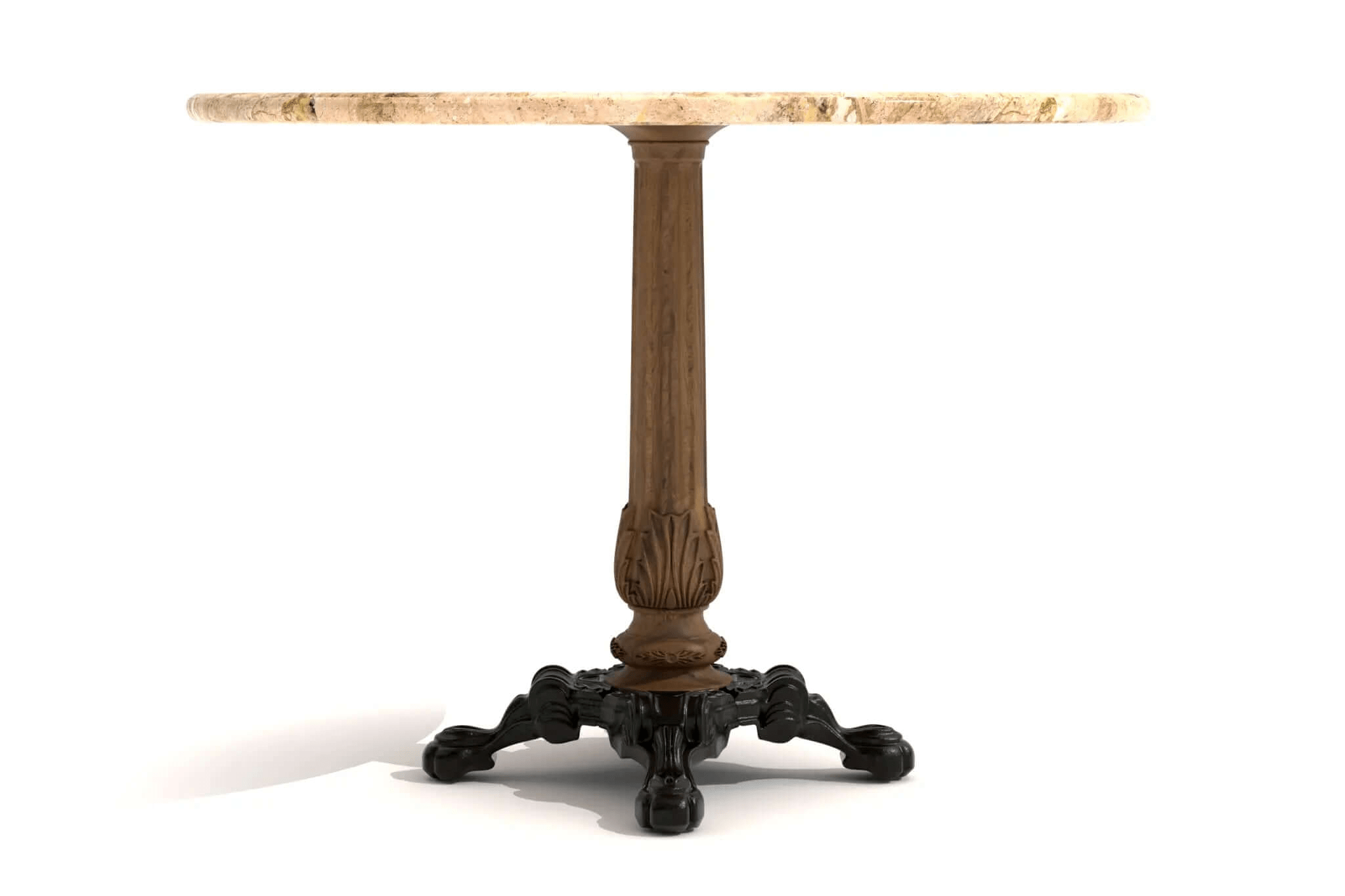 3D CAD design of Naples Cafe Table with round marble top, carved oak centerpost, and cast iron base