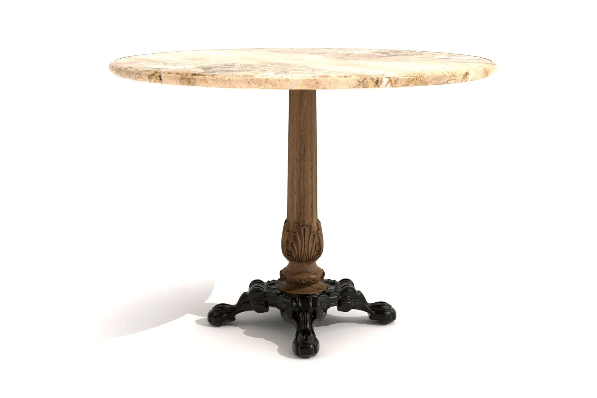 3D CAD design of Naples Cafe Table with round marble top, carved oak centerpost, and ornate cast iron base