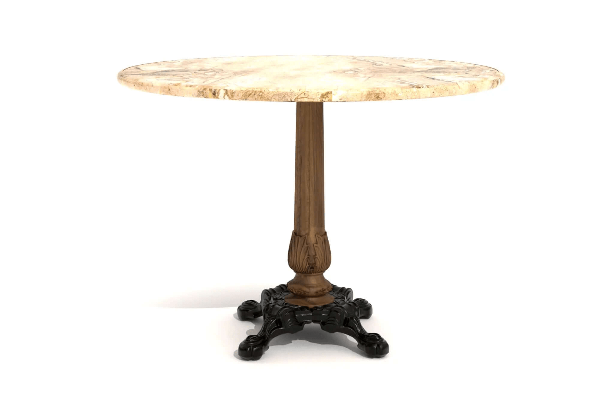 3D CAD design of Naples Cafe Table with round marble top, carved oak centerpost, and ornate cast iron base