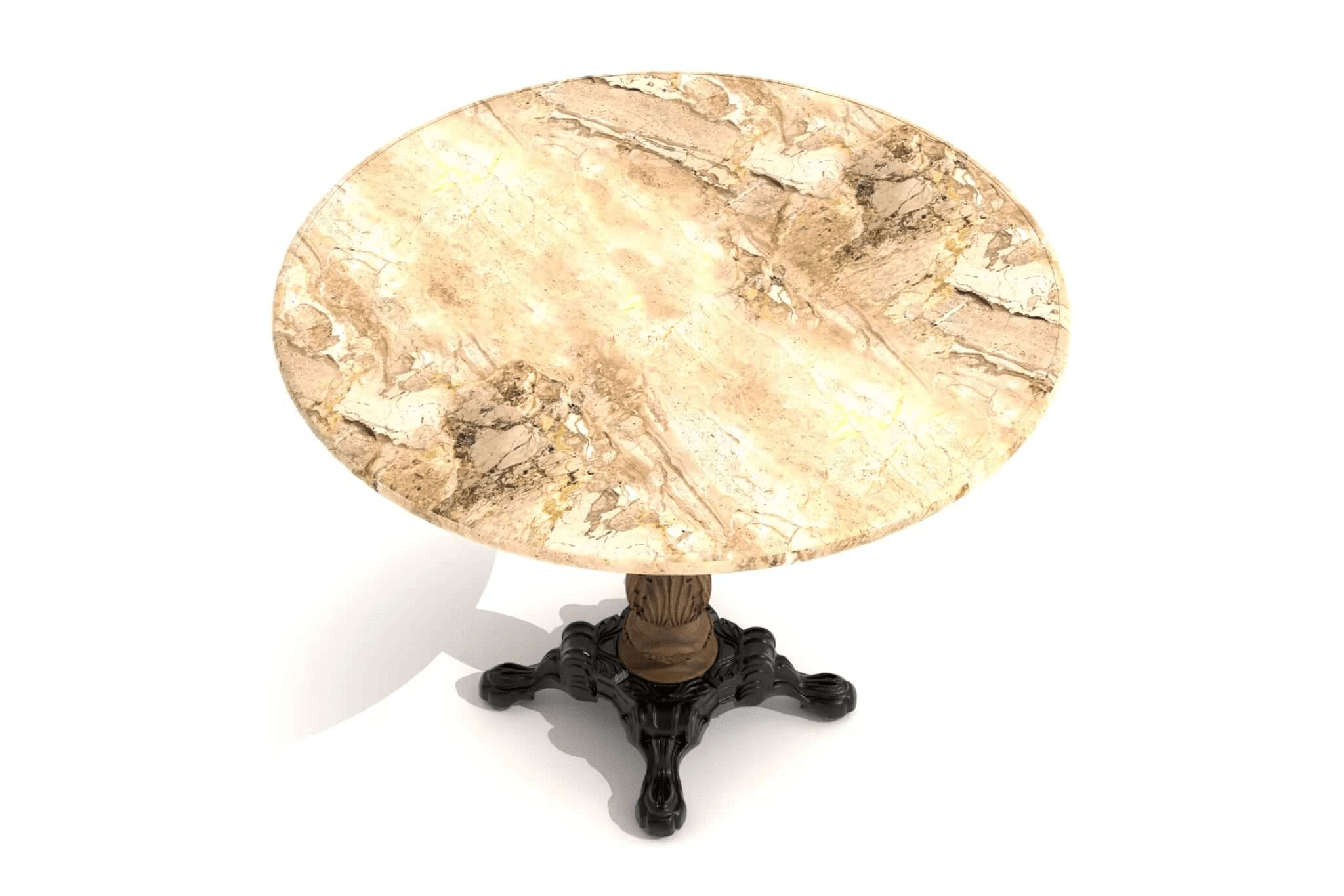 3D CAD design of Naples Cafe Table with round marble top, carved oak centerpost, and cast iron base