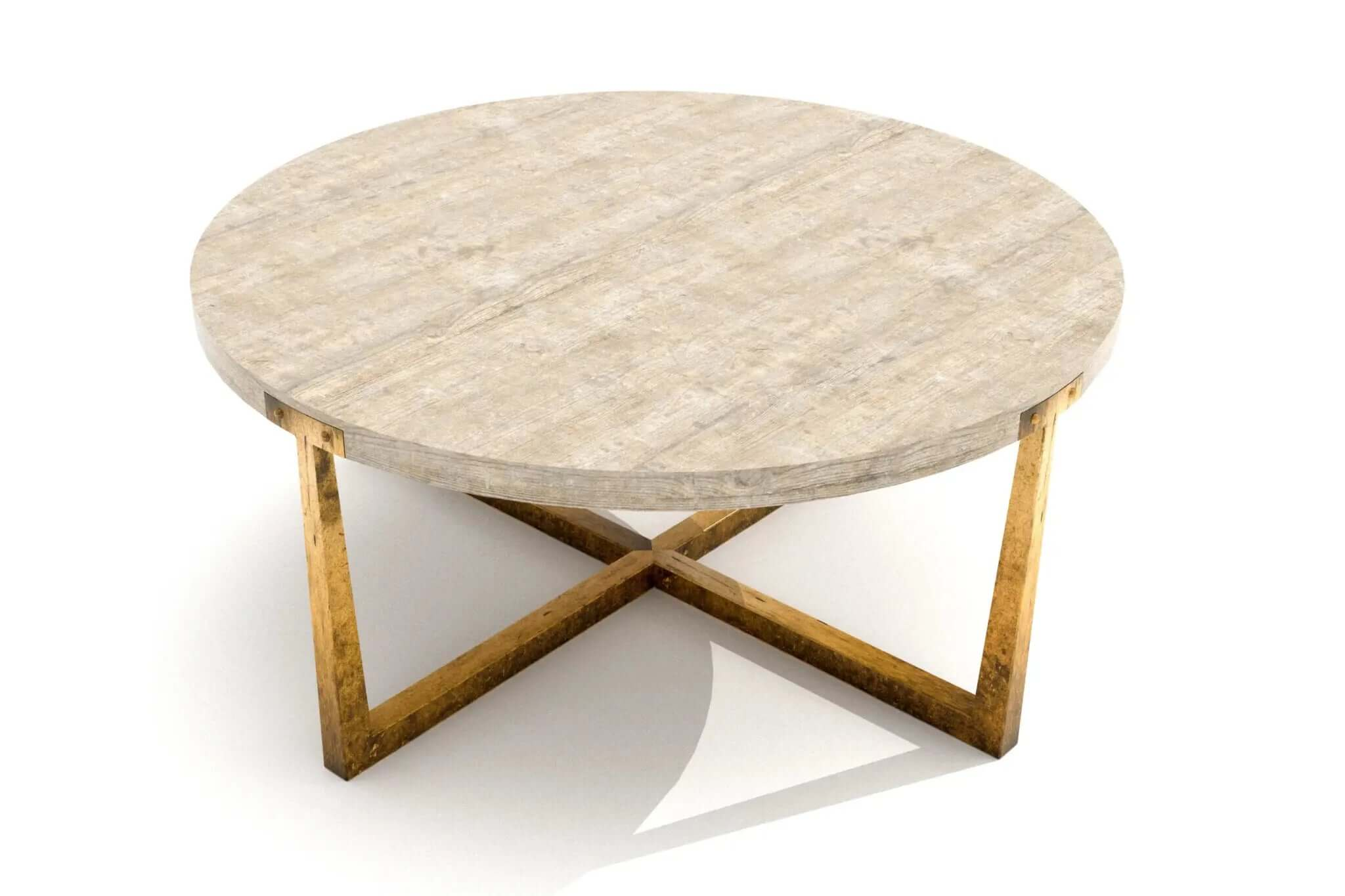 Nolan Coffee Table with round weathered wood top and antiqued gold metal X-shaped base in 3D CAD design
