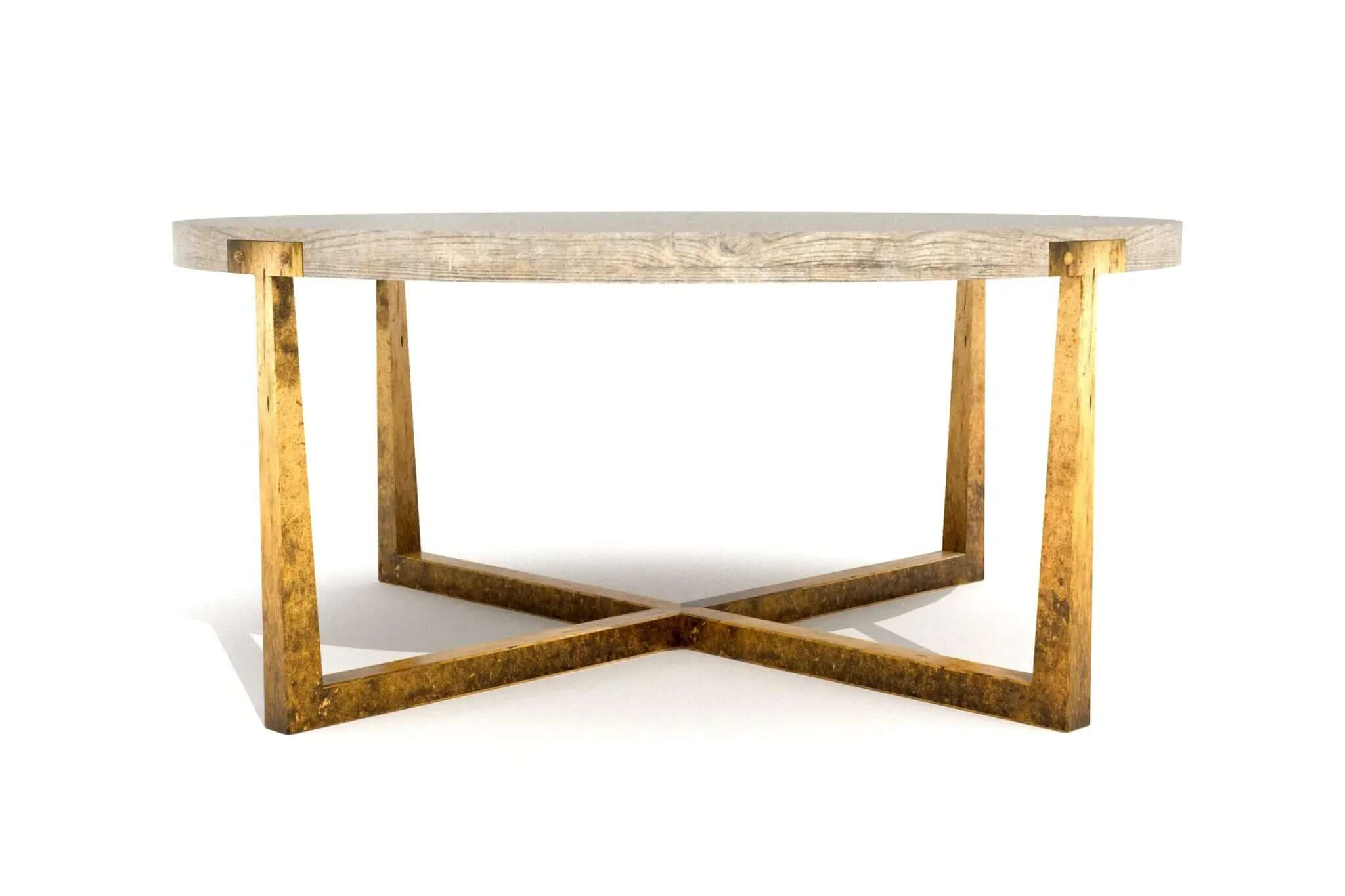 Nolan Coffee Table with round weathered wood top and antiqued gold metal X-shaped base in 3D CAD design
