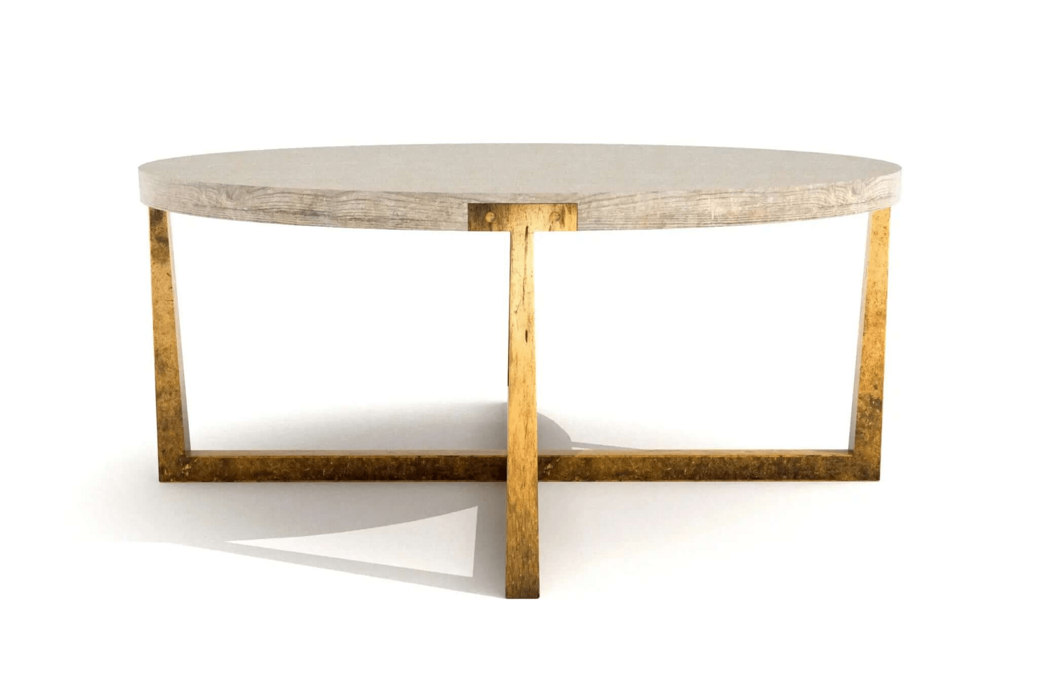 Round Nolan Coffee Table with weathered wood top and antiqued gold X-shaped metal base in 3D CAD design