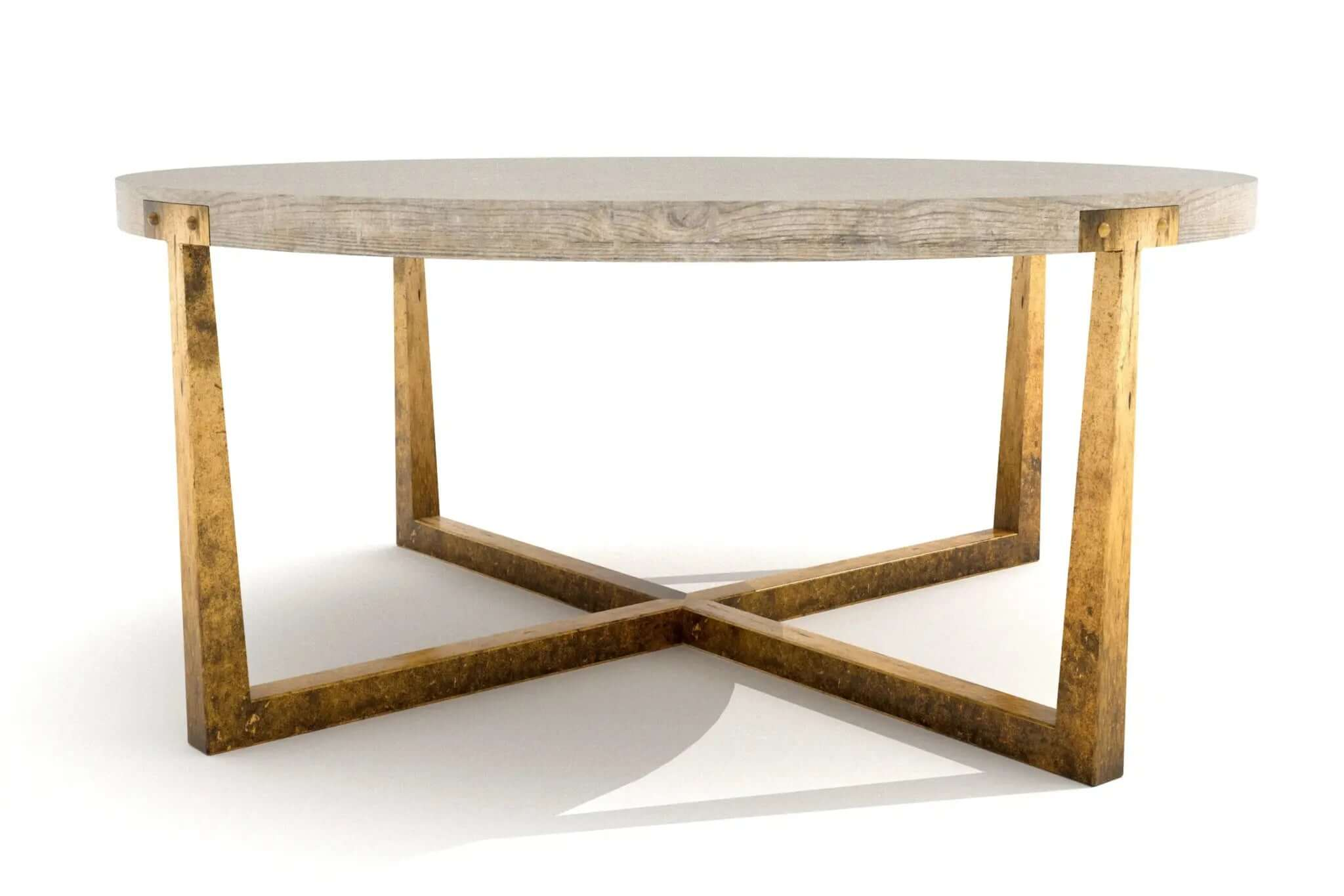 Nolan Coffee Table with round weathered wood top and antiqued-gold metal X-shaped base designed in 3D CAD.