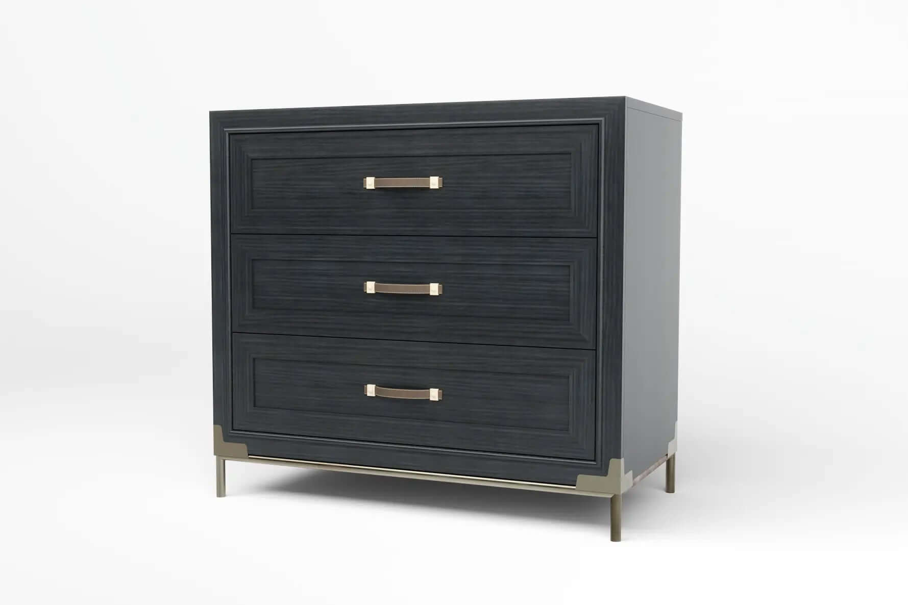 North 3 drawer dresser in deep charcoal wood finish with brass handles and legs, modern design and ample storage.