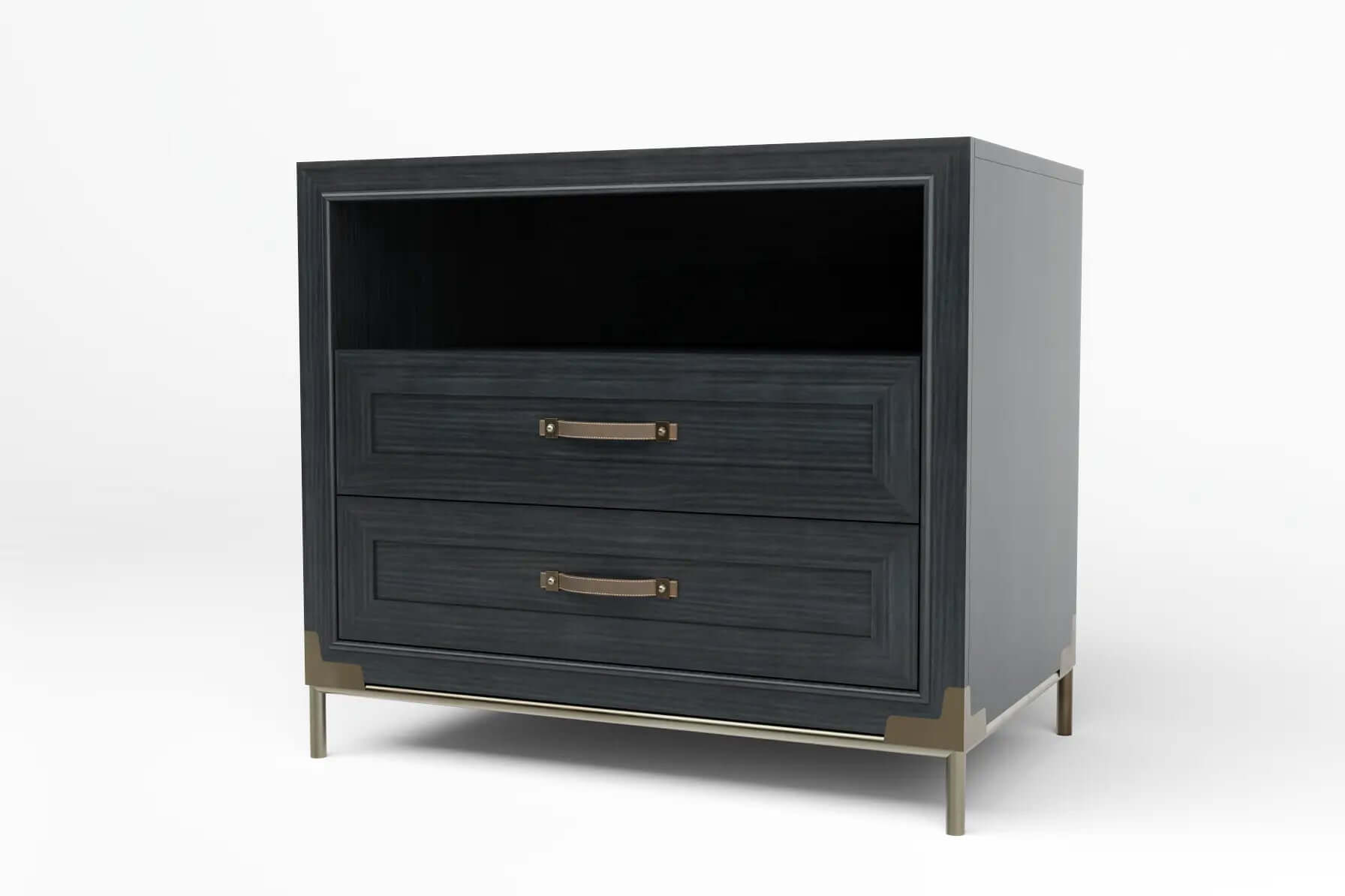 North Bedside Cabinet in deep charcoal wood with brass accents and two drawers designed in 3D CAD