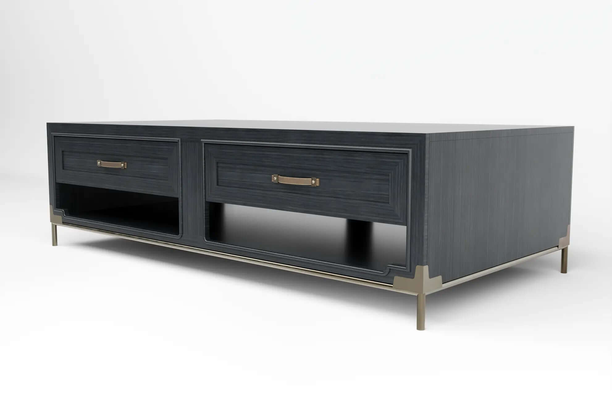 North Coffee Table with deep charcoal wood finish, brass accents, two drawers, and leather-wrapped handles.