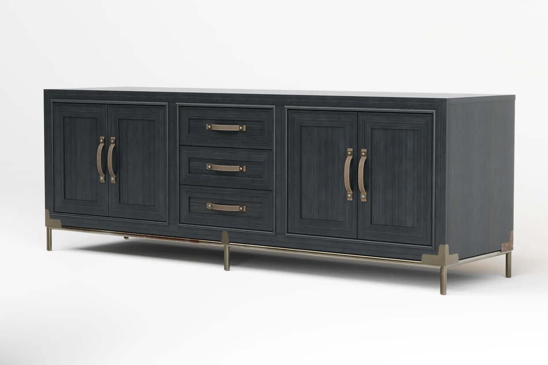North Media Cabinet in deep charcoal wood with brass handles and legs, featuring multiple drawers and doors for elegant media storage.