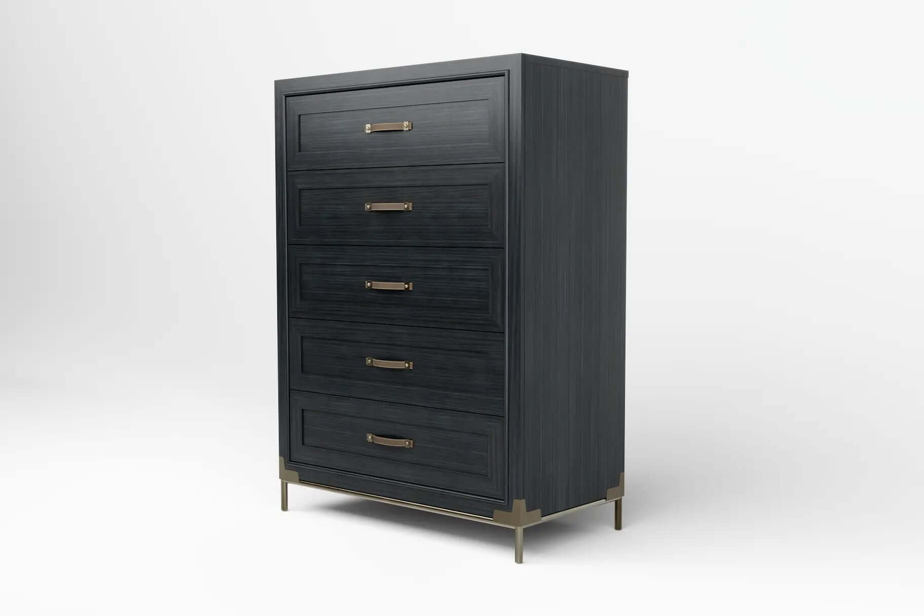 North TallBoy Dresser in deep charcoal wood with brass accents and five drawers