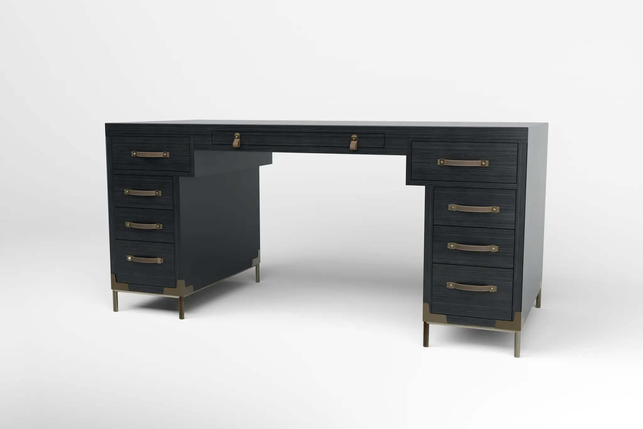 North Writing Desk with charcoal wood finish, brass accents, multiple drawers, and leather-wrapped handles for 3D CAD workspace